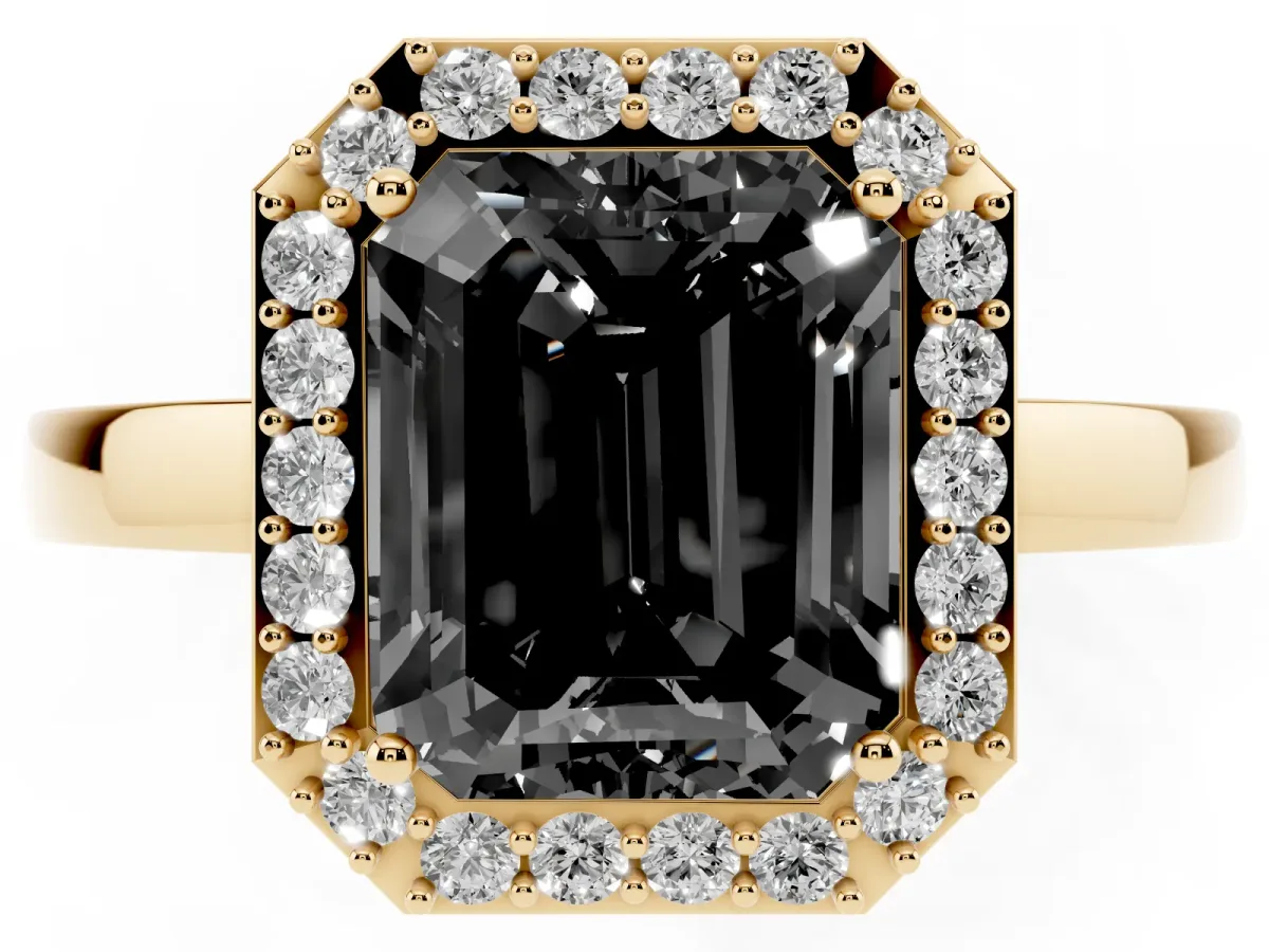 Fancy Black Radiant Cut Halo Diamond Ring with Solitaire Band and Prong Setting Yellow gold