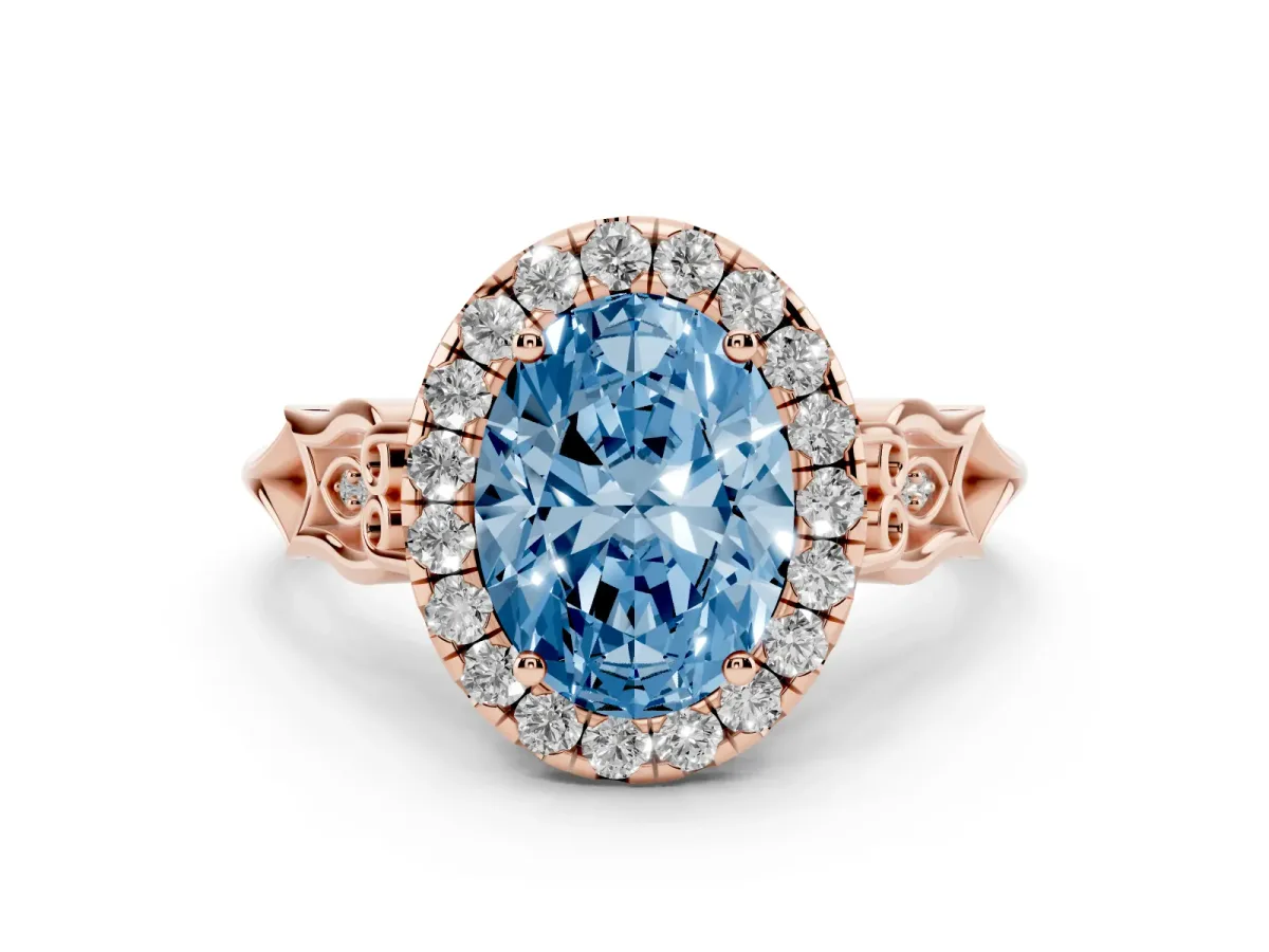 Fancy Blue Oval Cut Halo Diamond Engagement Ring with Filigree Band and Four-Prong Setting Rose gold