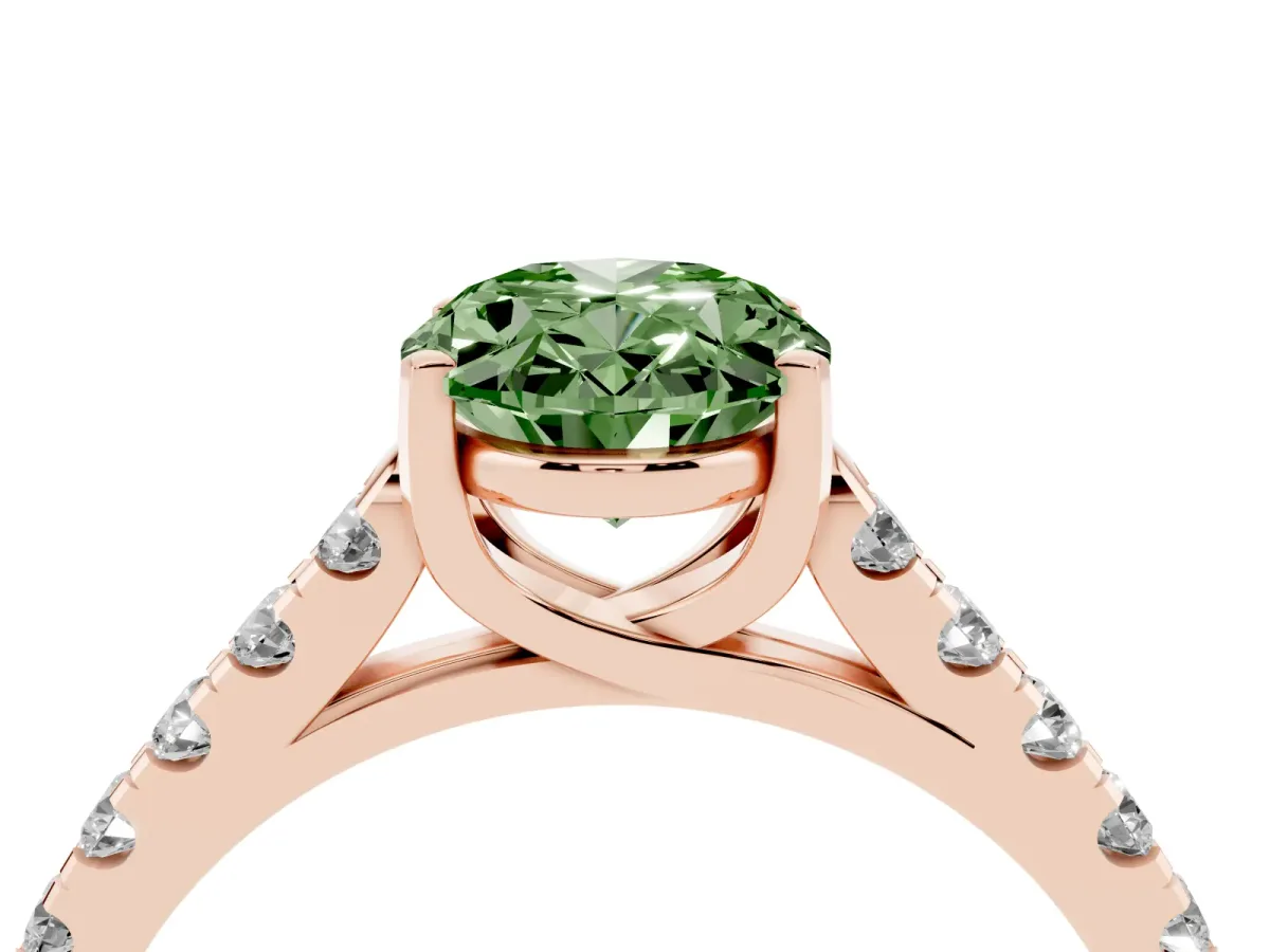 Fancy Green Oval Cut Diamond Pavé Band Solitaire Ring with Prong Setting Rose gold