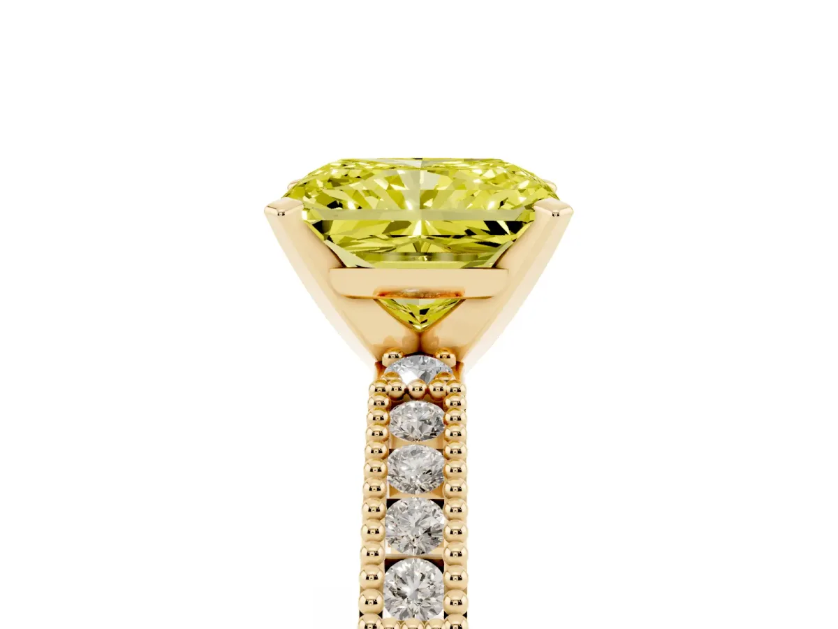 Fancy Yellow Radiant Cut Solitaire with Pavé Band and Four-Prong Setting Yellow gold