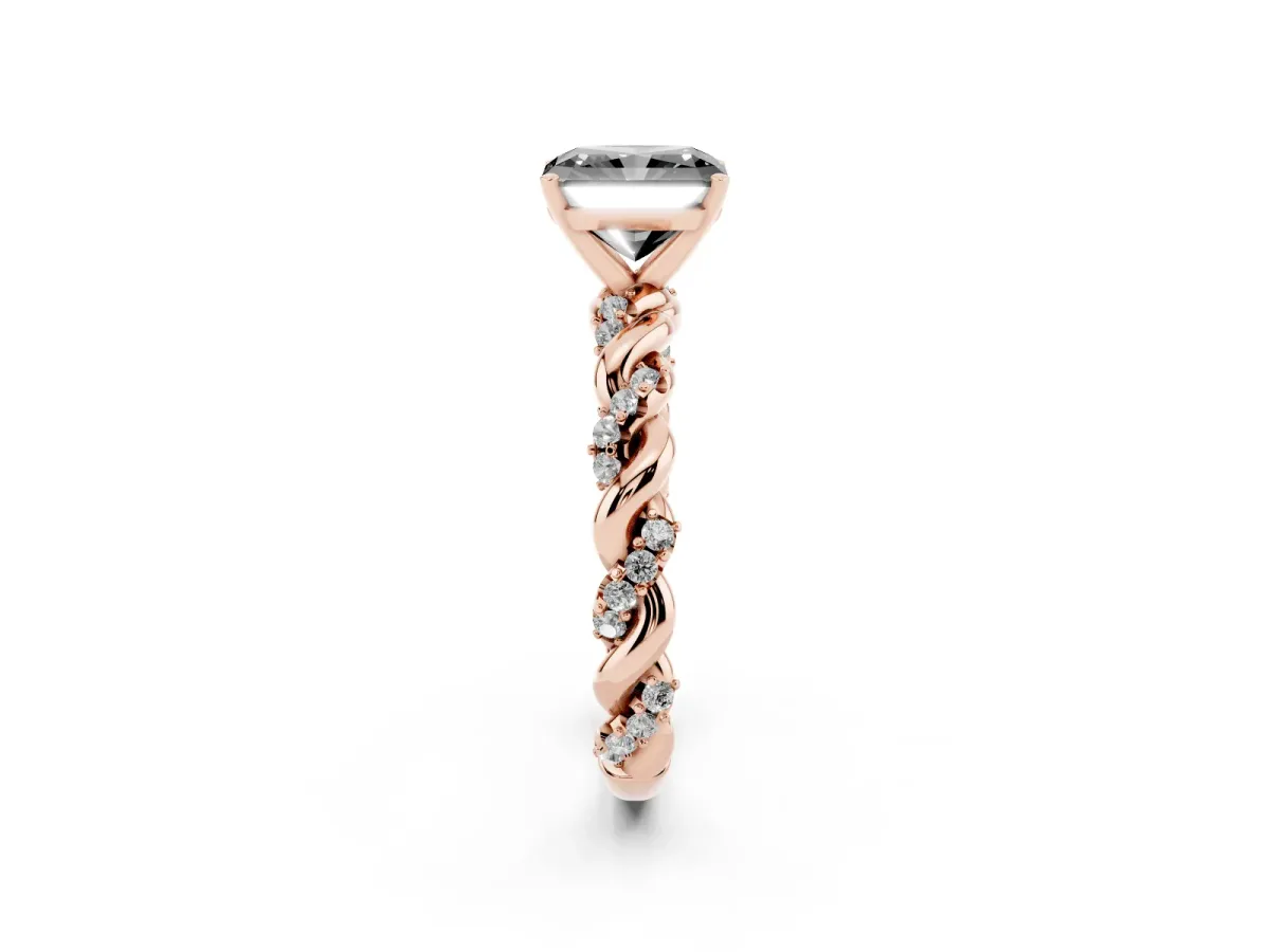 Fancy Black Radiant Cut Diamond Solitaire Ring with Twisted Band and Pavé Accents Rose gold