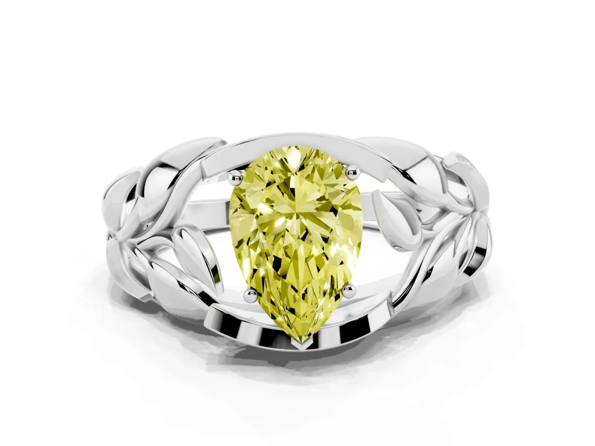 Fancy Yellow Pear Cut Diamond Leaf-Inspired Engagement Ring with Round Accents and Prong Setting Silver