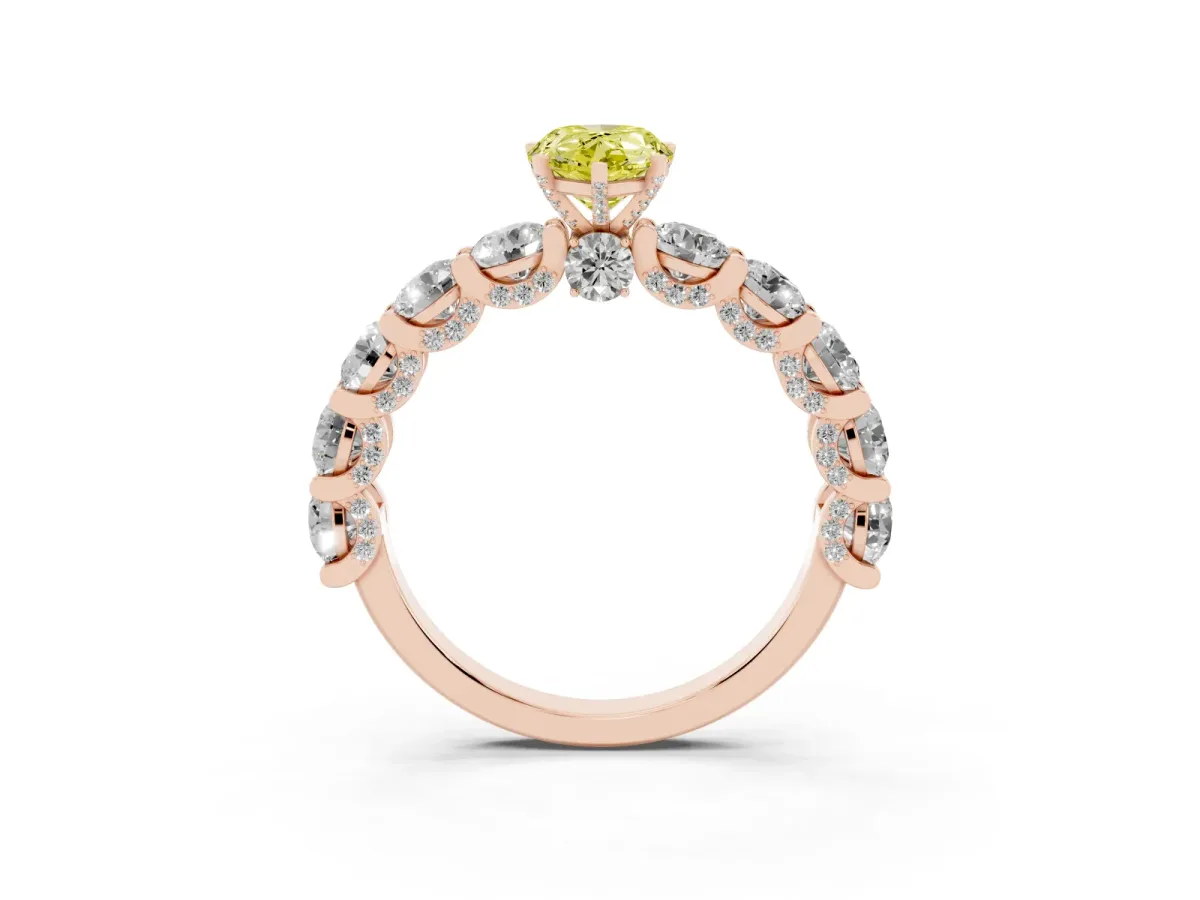 Fancy Yellow Pear Cut Diamond Side Stone Engagement Ring with Four-Prong Setting Rose gold