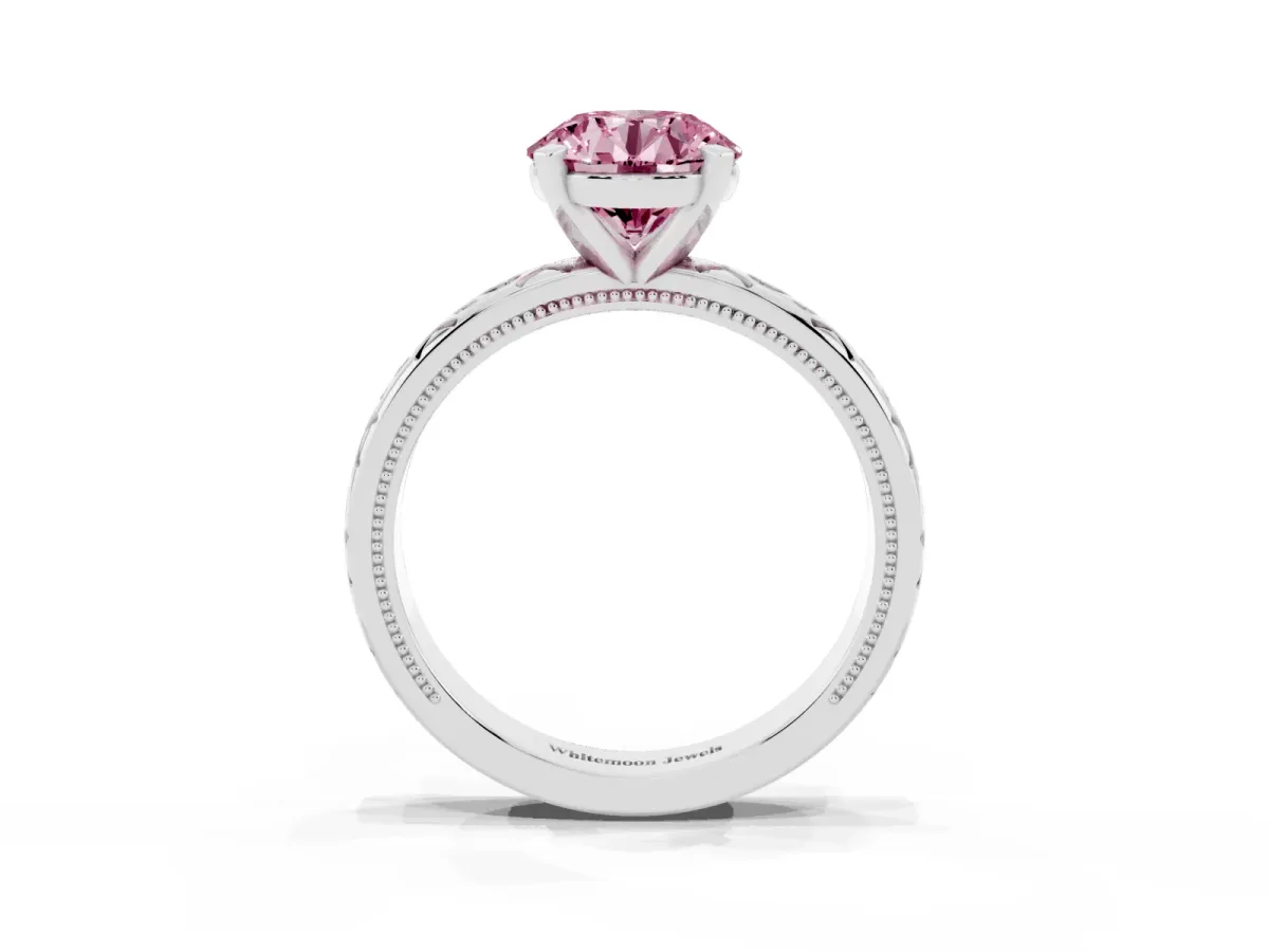 Fancy Pink Round Cut Solitaire Engagement Ring with Scrollwork Band and Four-Prong Setting Silver