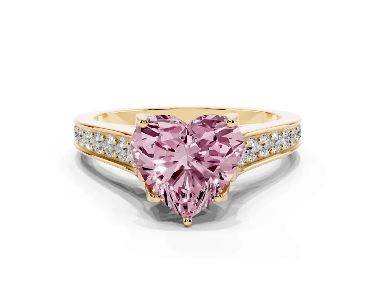 Fancy Pink Heart Cut Brilliant Cut Diamond Engagement Ring with Pavé Band and Four-Prong Setting Yellow gold