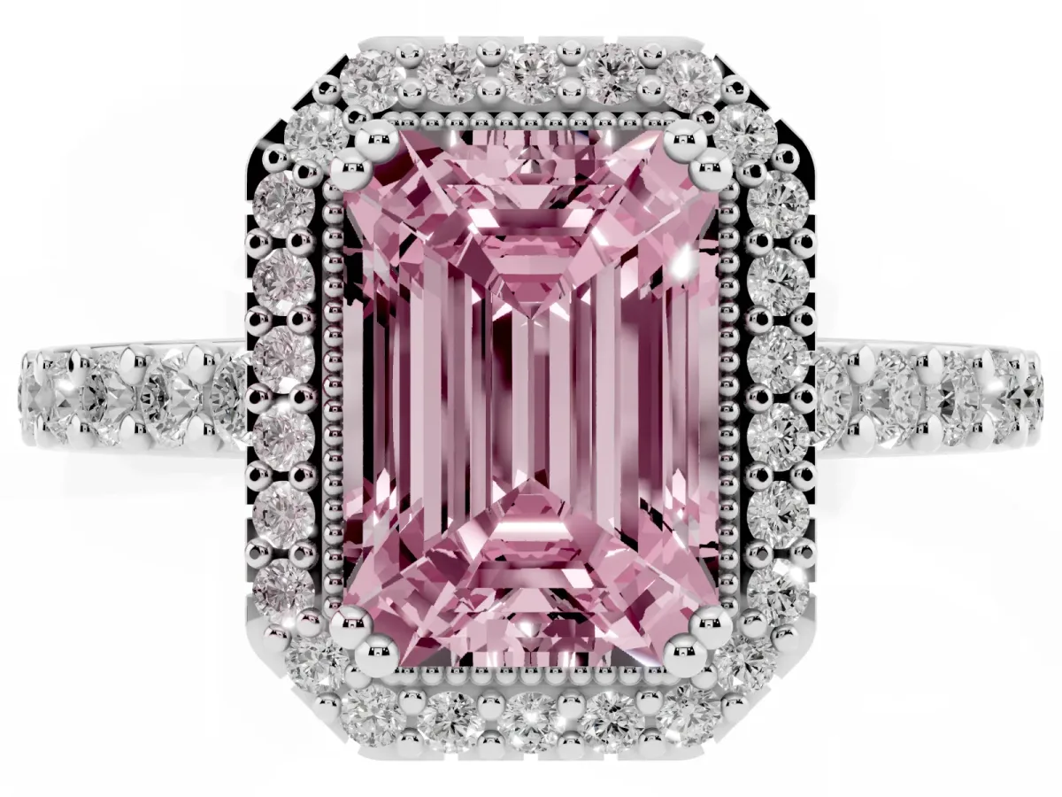 Fancy Pink Emerald Cut Cut Diamond Halo Engagement Ring with Milgrain Detail and Pavé Band White gold