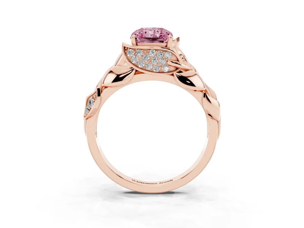 Fancy Pink Radiant Cut Diamond Leaf-Inspired Engagement Ring with Round Accents and Prong Setting Rose gold