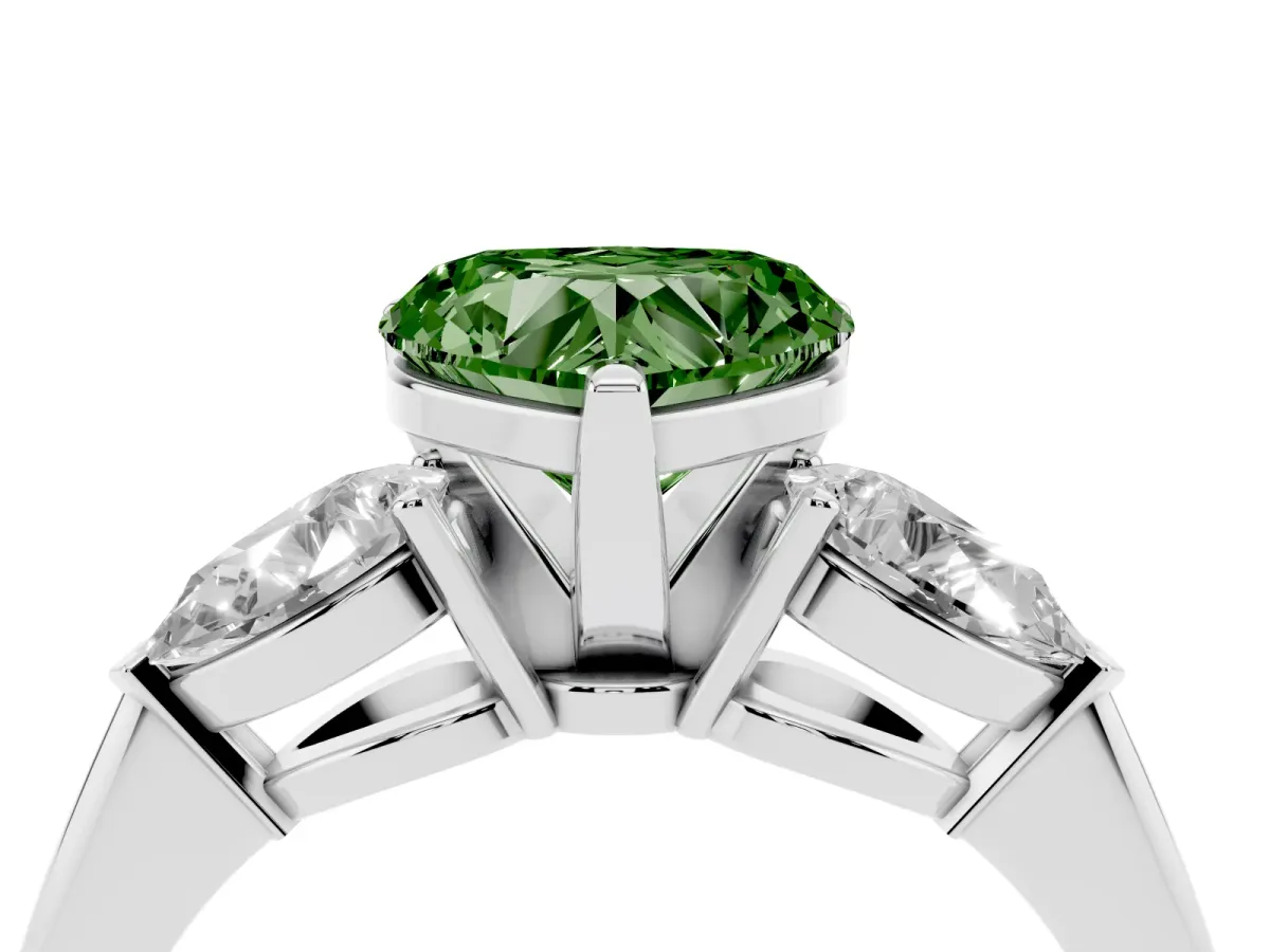 Fancy Green Three-Stone Heart Cut Diamond Ring with Pear Side Stones and Four-Prong Setting Silver