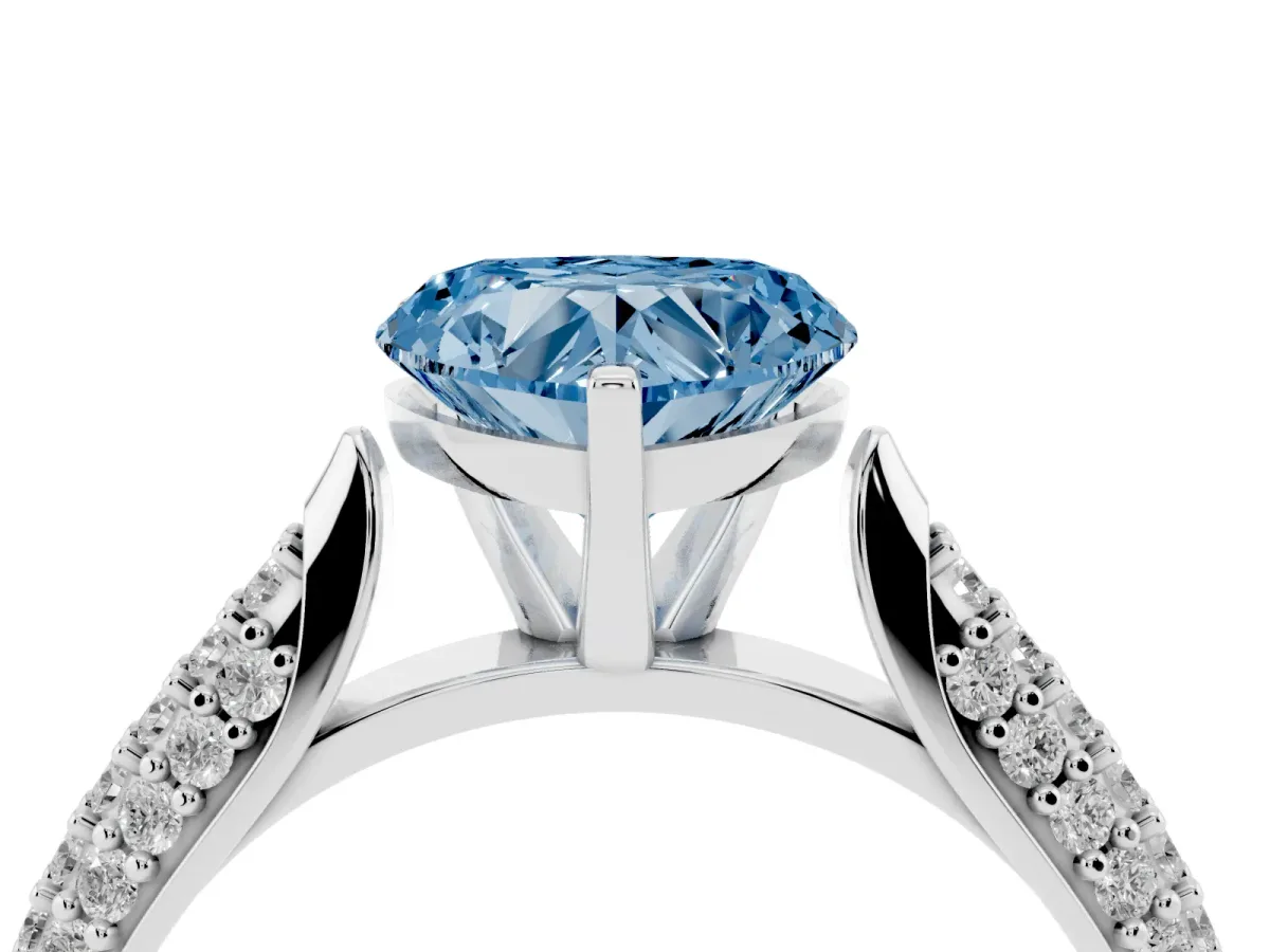 Fancy Blue Heart Cut Diamond Solitaire Engagement Ring with Multi-Row Round Pavé Band and Prong Setting Silver