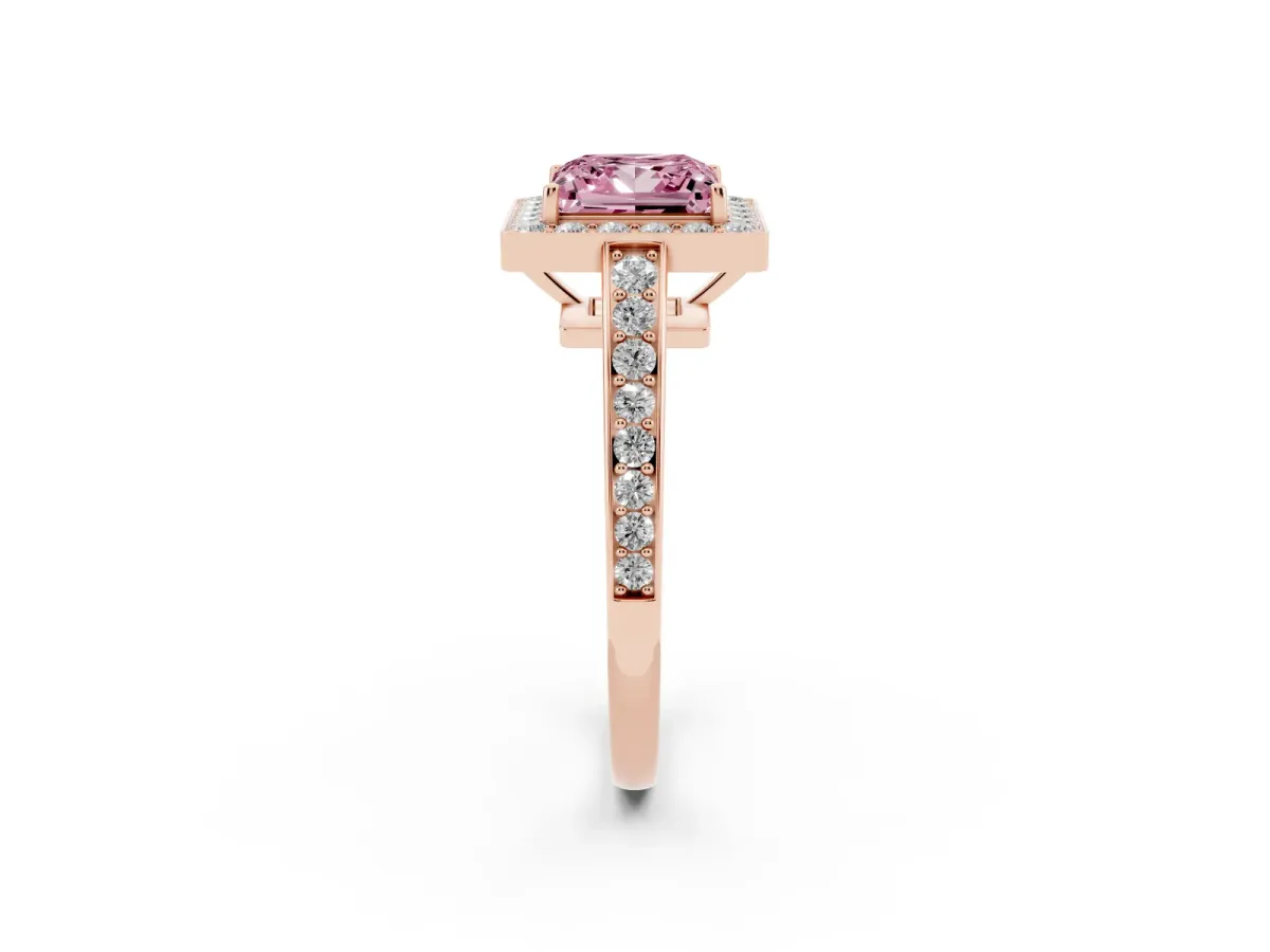 Fancy Pink Princess Cut Halo Pavé Diamond Engagement Ring with Bezel Setting Rose gold