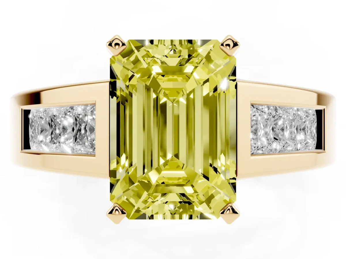 Fancy Yellow Emerald Cut Cut Channel Set Solitaire Ring with Four-Prong Setting Yellow gold