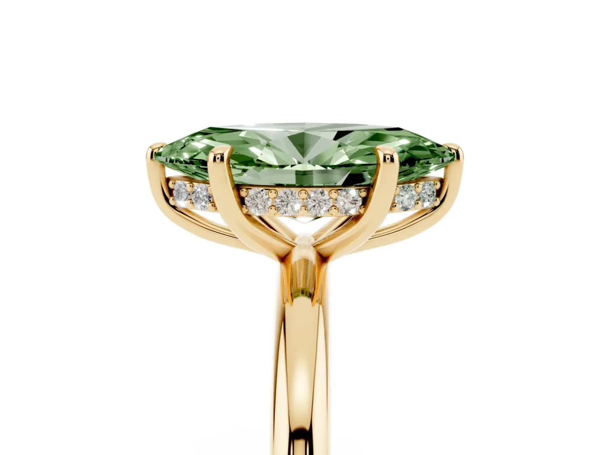 Fancy Green Marquise Cut Diamond Solitaire Ring with Thin Band and Four-Prong Setting Yellow gold