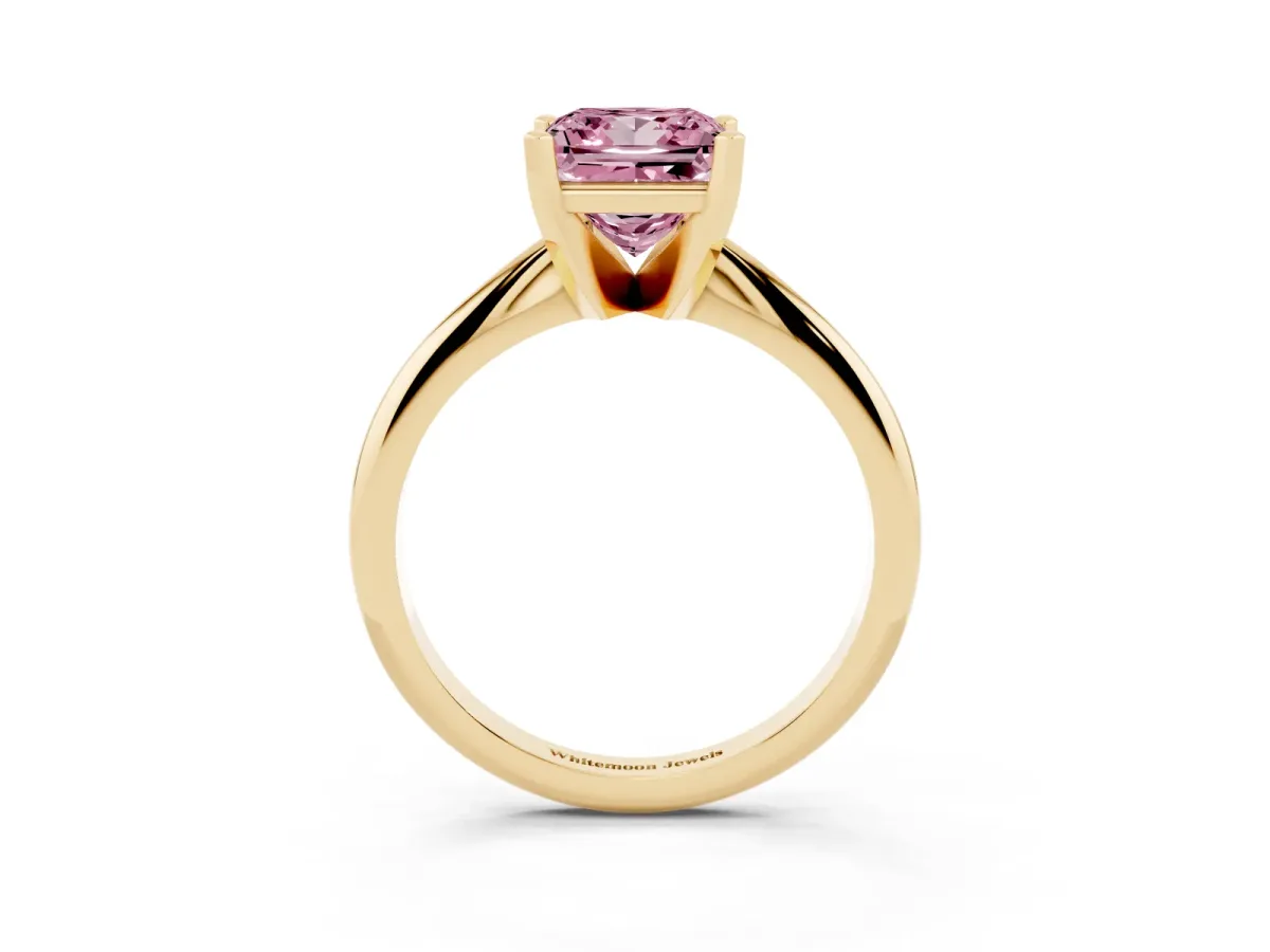 Fancy Pink Princess Cut Cut Solitaire Ring with Four-Prong Setting on a Classic Band Yellow gold
