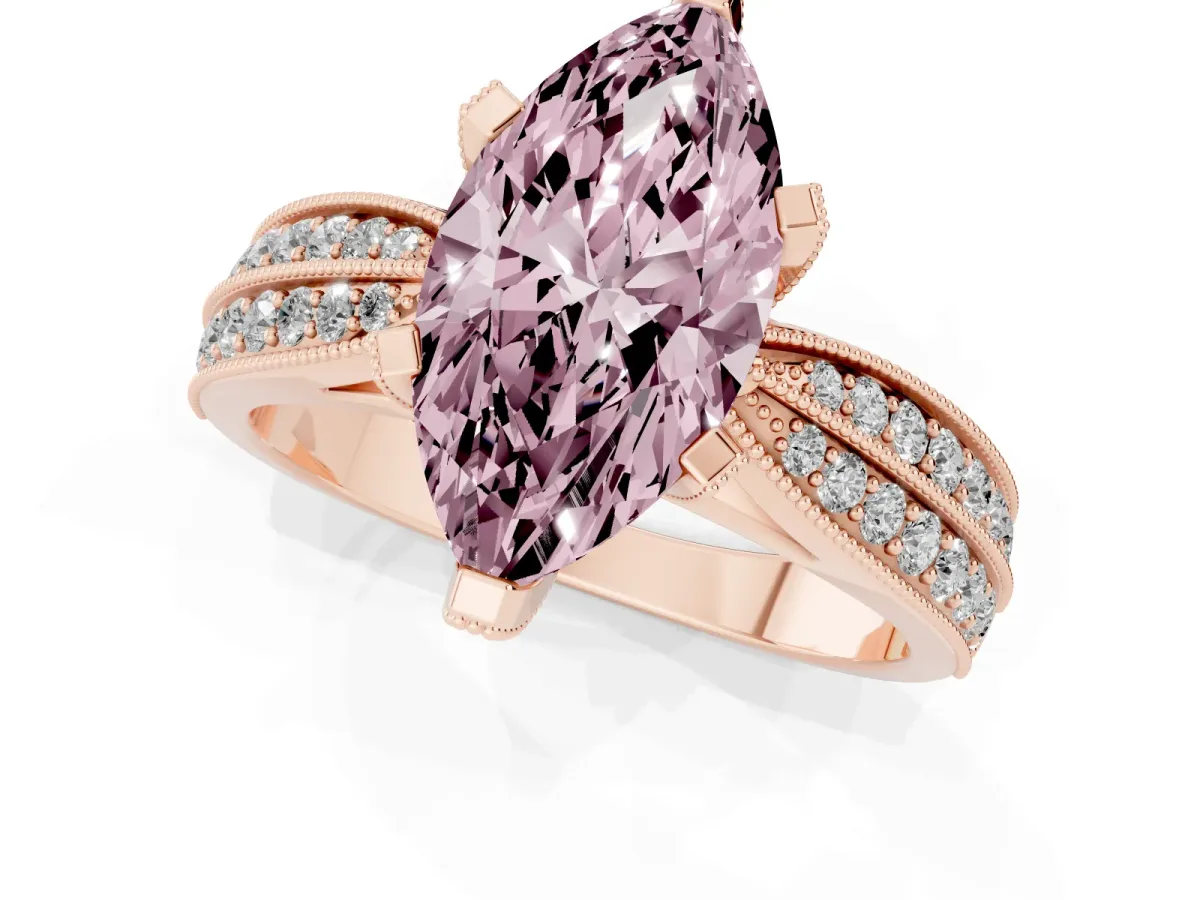 Fancy Pink Marquise Cut Diamond Solitaire Ring with Milgrain Round Pavé Band and Prong Setting Rose gold