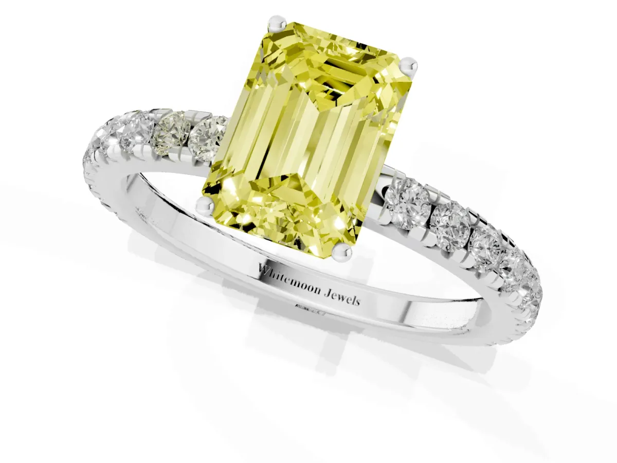 Fancy Yellow Emerald Cut Diamond Pavé Solitaire Engagement Ring with Four-Prong Setting Silver