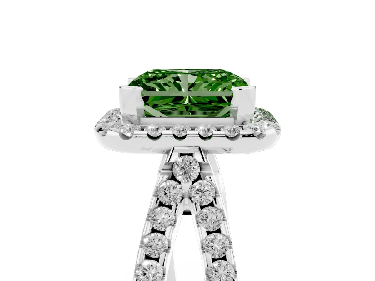 Fancy Green Radiant Cut Diamond Halo Ring with Split Shank Pavé Band and Prong Setting Silver