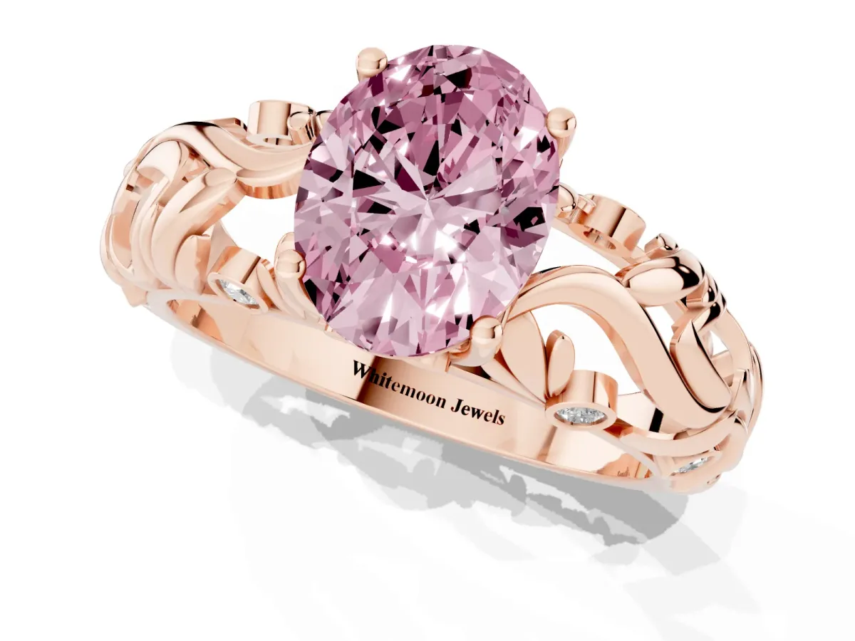 Fancy Pink Oval Cut Solitaire Diamond Leaf-Inspired Vine Band Ring with Prong Setting Rose gold
