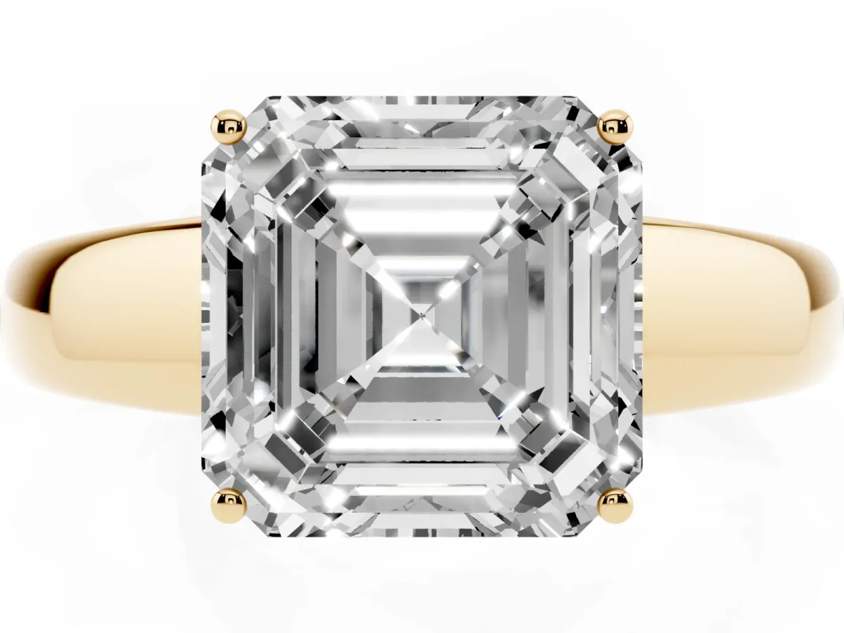Asscher Cut Solitaire Diamond Ring with Tapered Band and Four-Prong Setting Yellow gold