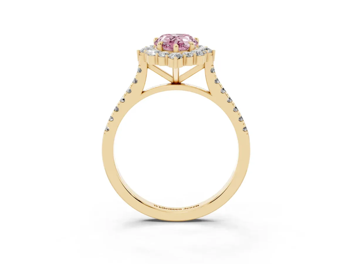Fancy Pink Pear Cut Halo Diamond Ring with Pavé Band and Prong Setting Yellow gold