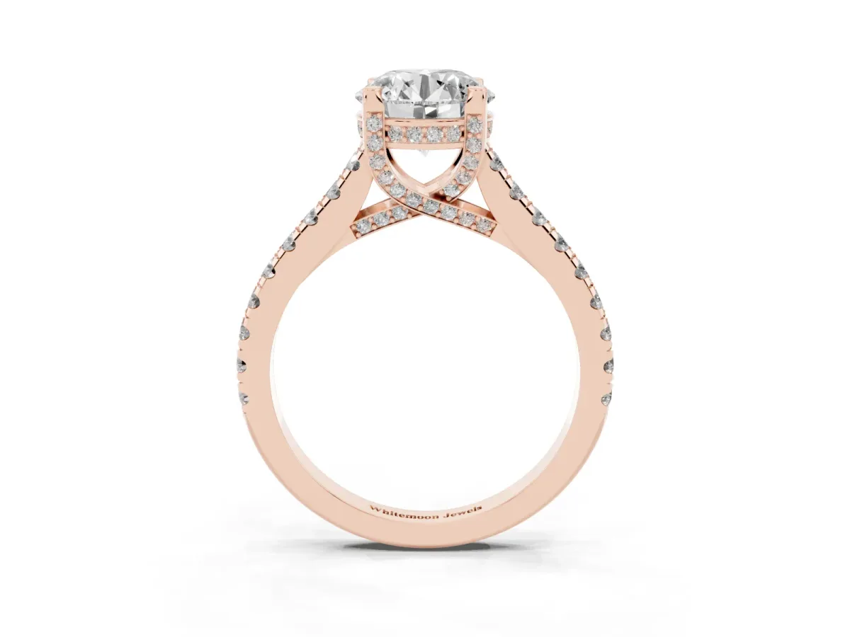 Round Cut Brilliant Diamond Solitaire with Pavé Band and Four-Prong Setting Rose gold