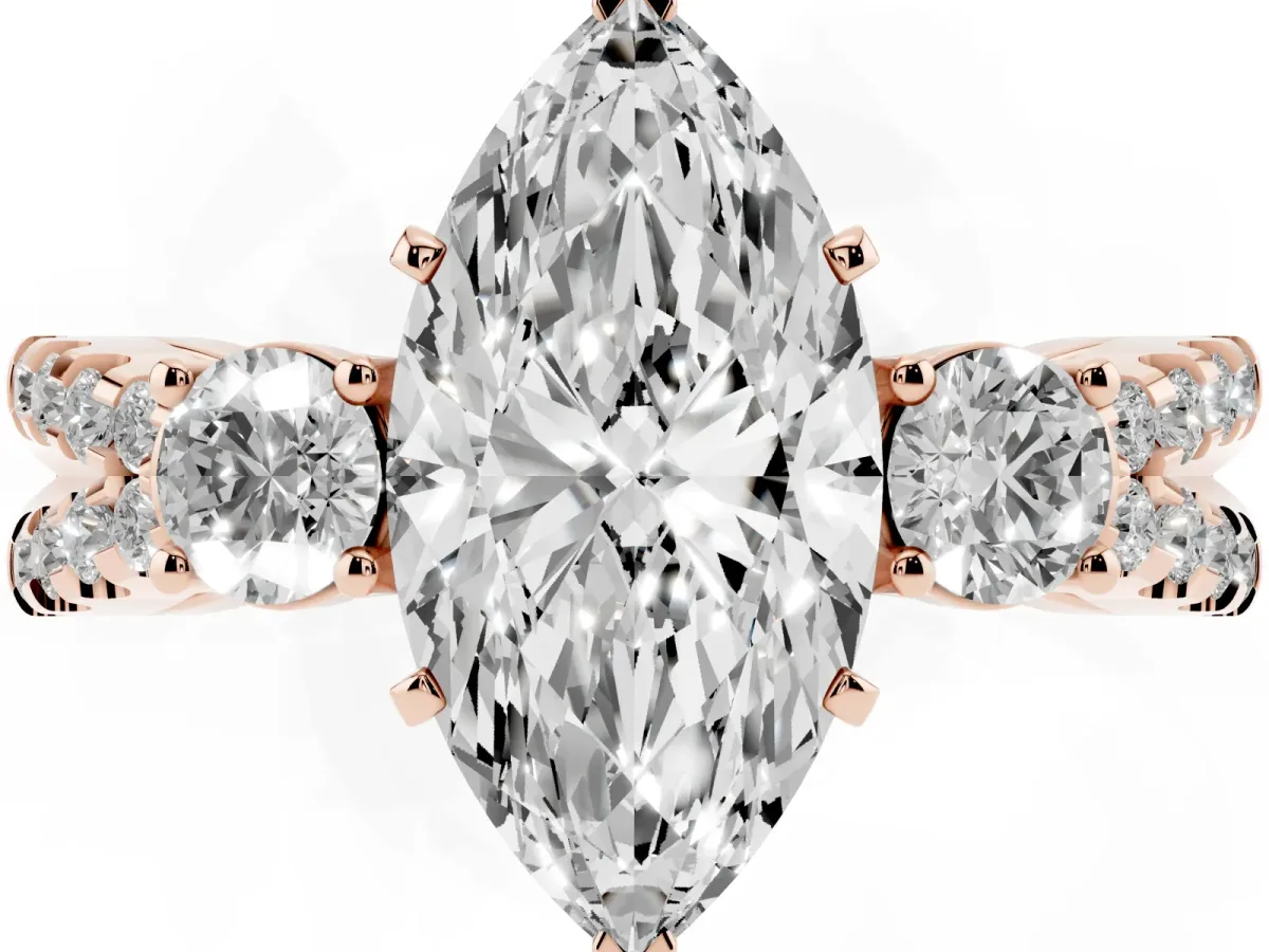 Marquise Cut Diamond Three-Stone Ring with Pavé Split Shank and Four-Prong Setting Rose gold