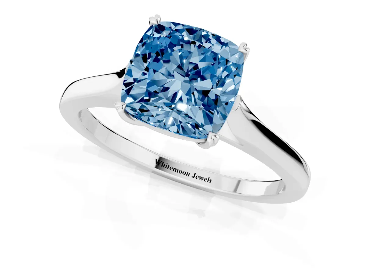 Fancy Blue Cushion Cut Solitaire Heart Prong Engagement Ring with Tapered Band White gold
