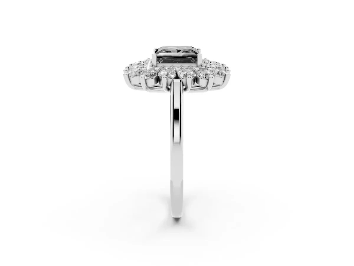 Fancy Black Princess Cut Diamond Floral Double Halo Engagement Ring with Prong Setting Silver