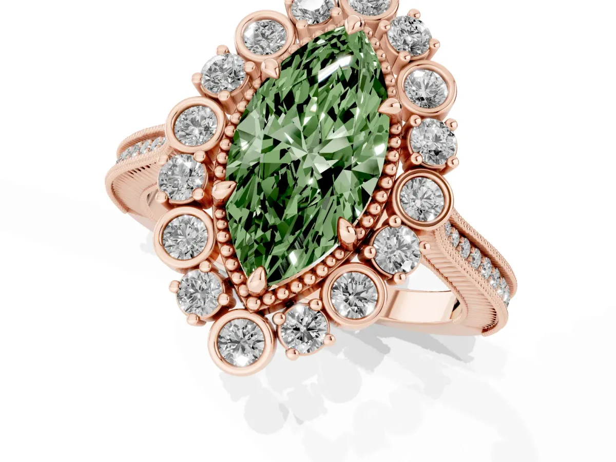 Fancy Green Marquise Cut Halo Milgrain Pave Diamond Ring with Four-Prong Setting Rose gold