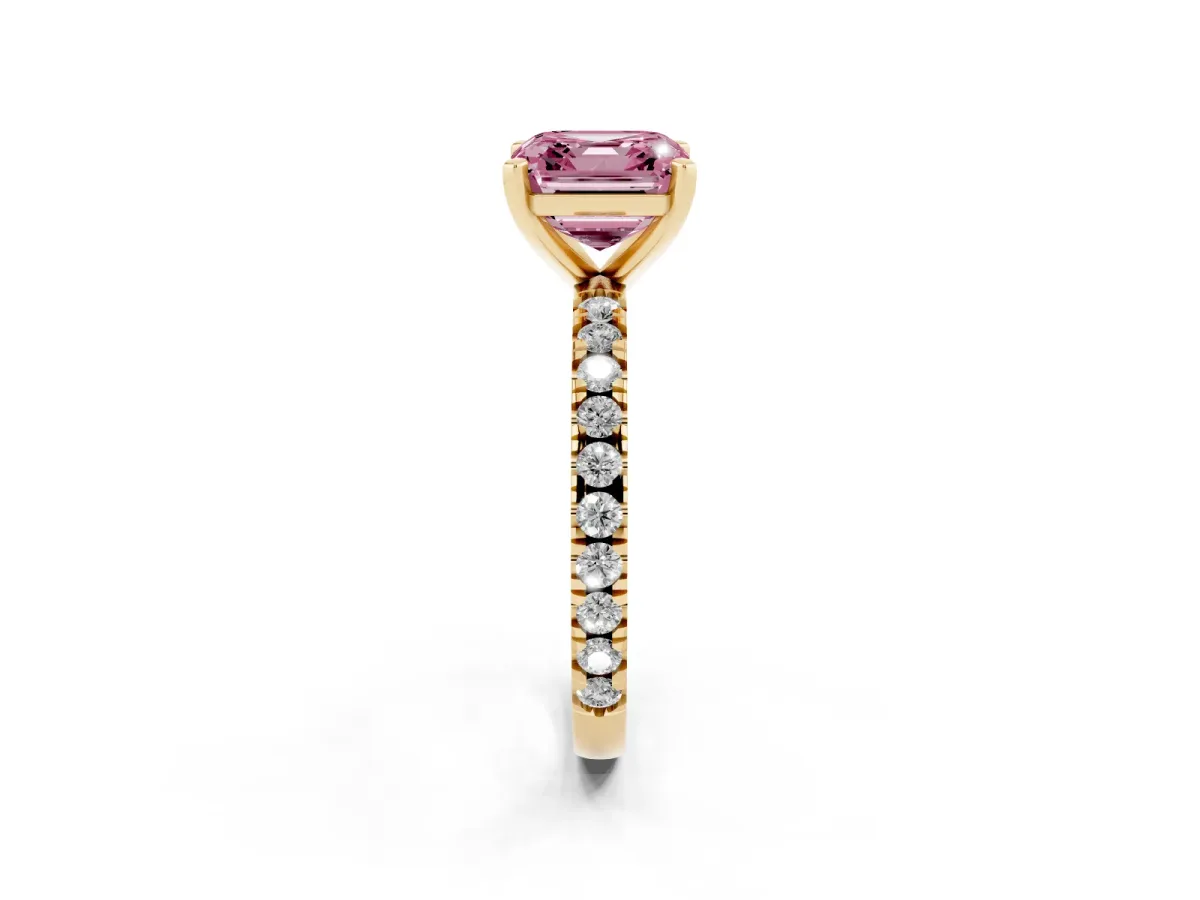 Fancy Pink Asscher Cut Diamond Pavé Band Solitaire with Four-Prong Setting Yellow gold
