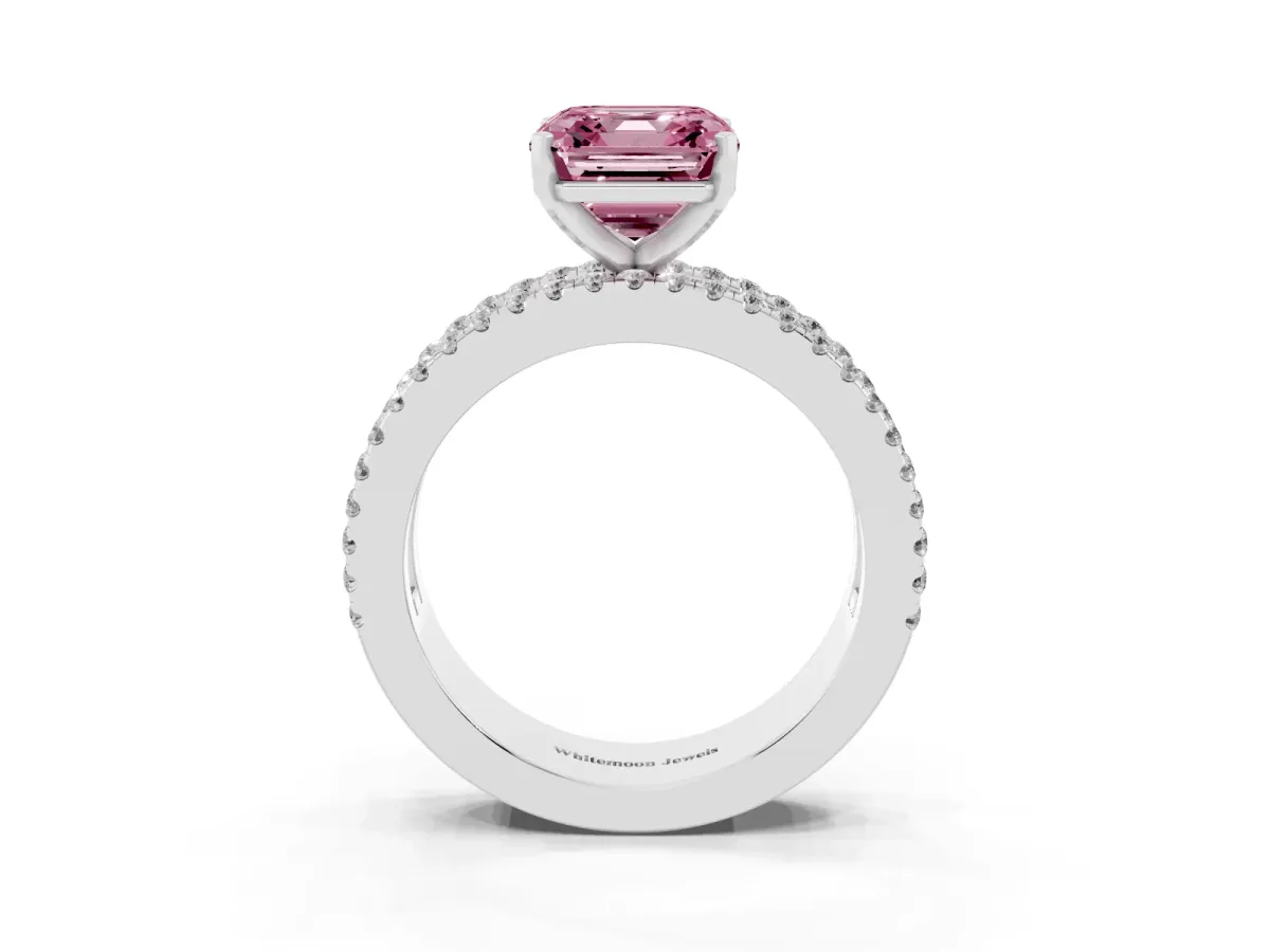 Fancy Pink Asscher Cut Diamond Solitaire Ring with Pavé and Channel Set Band Silver