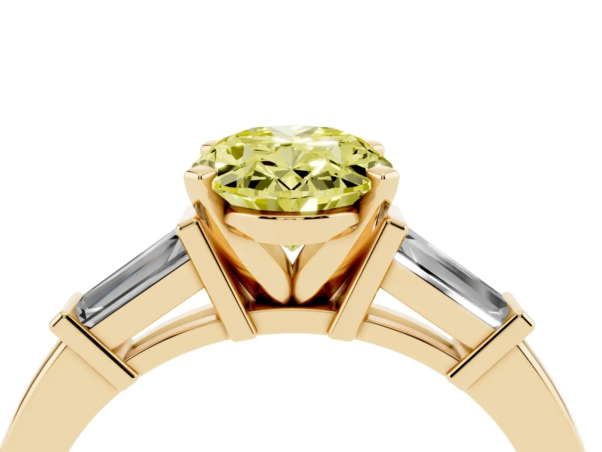 Fancy Yellow Oval Cut Cut Diamond Solitaire Ring with Tapered Baguette Accents and Four-Prong Setting Yellow gold
