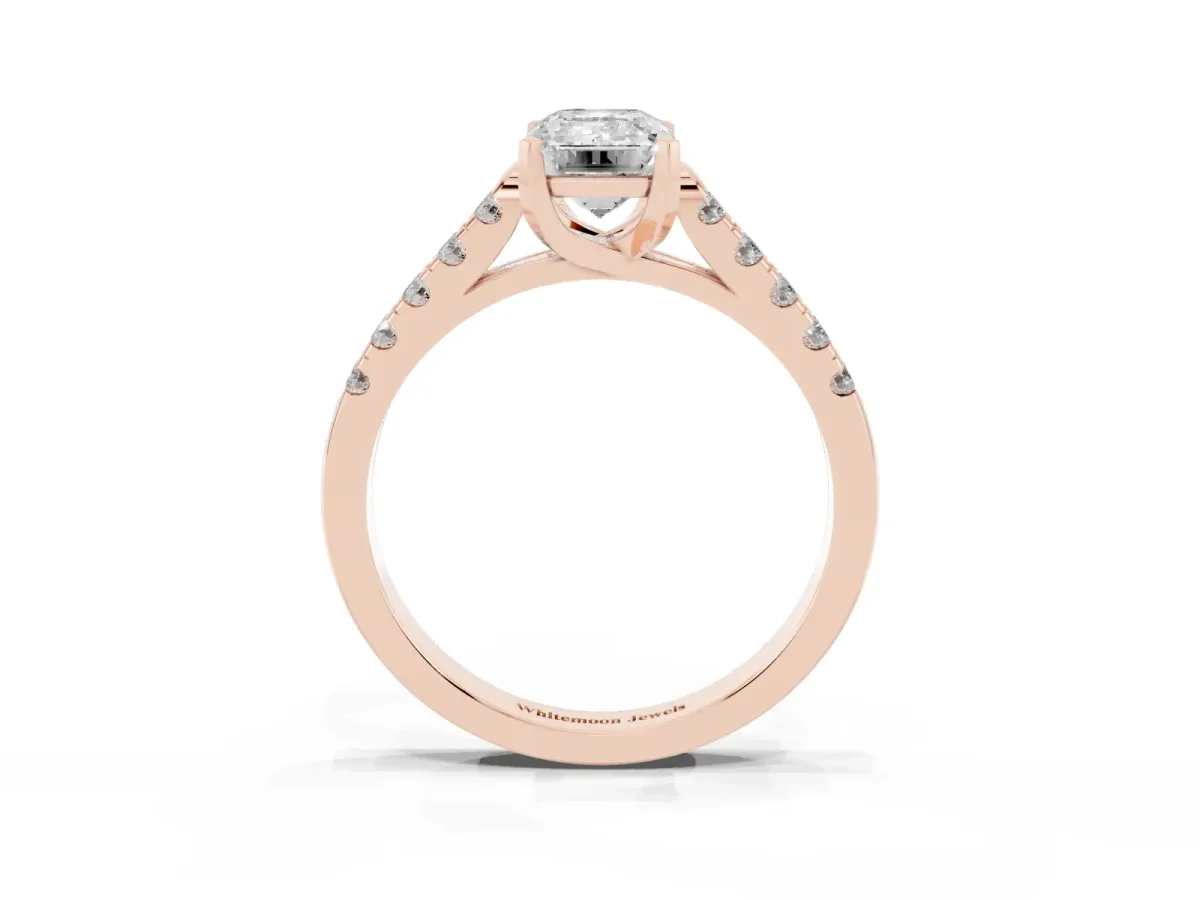 Emerald Cut Diamond Pavé Band Solitaire Ring with Prong Setting Rose gold