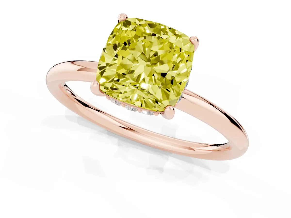 Fancy Yellow Cushion Cut Solitaire Diamond Ring with a Classic Band and Four-Prong Setting Rose gold