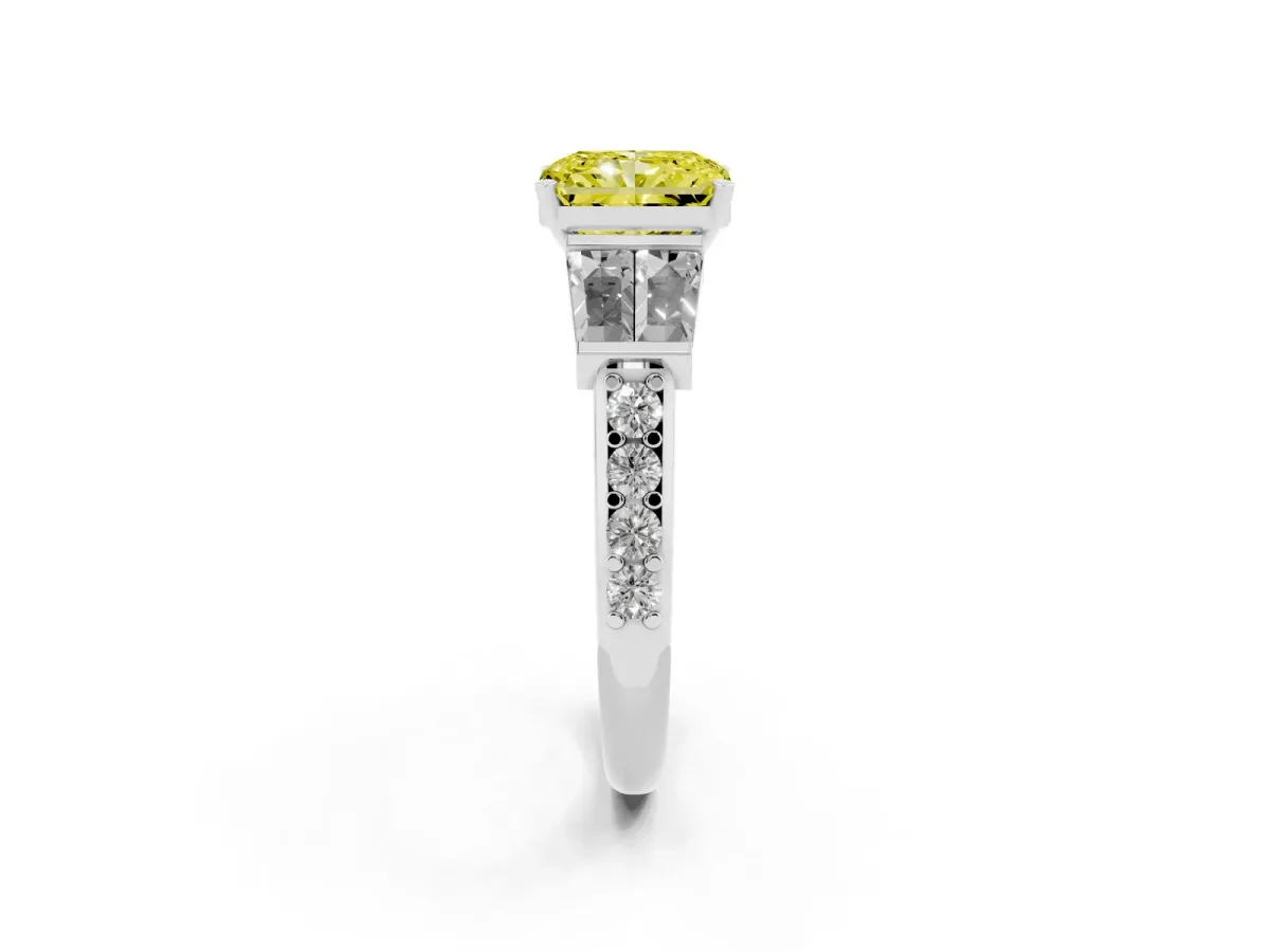 Fancy Yellow Radiant Cut Diamond Engagement Ring with Baguette Side Stones and Channel Set Band White gold
