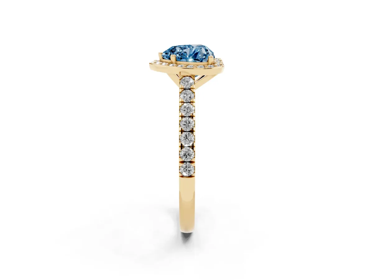 Fancy Blue Heart Cut Cut Halo Diamond Engagement Ring with Pave Band and Four-Prong Setting Yellow gold