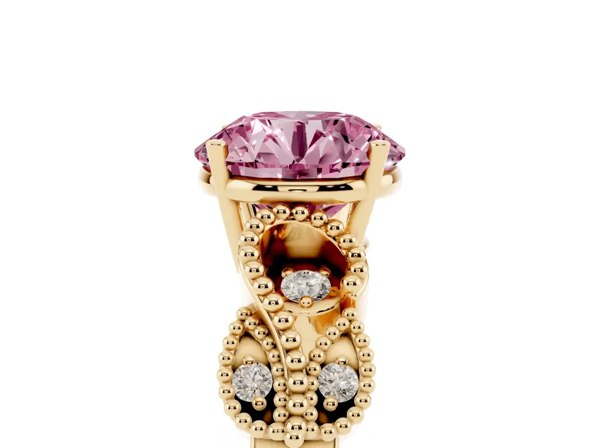 Fancy Pink Round Cut Solitaire Milgrain Leaf Band with Prong Setting Yellow gold
