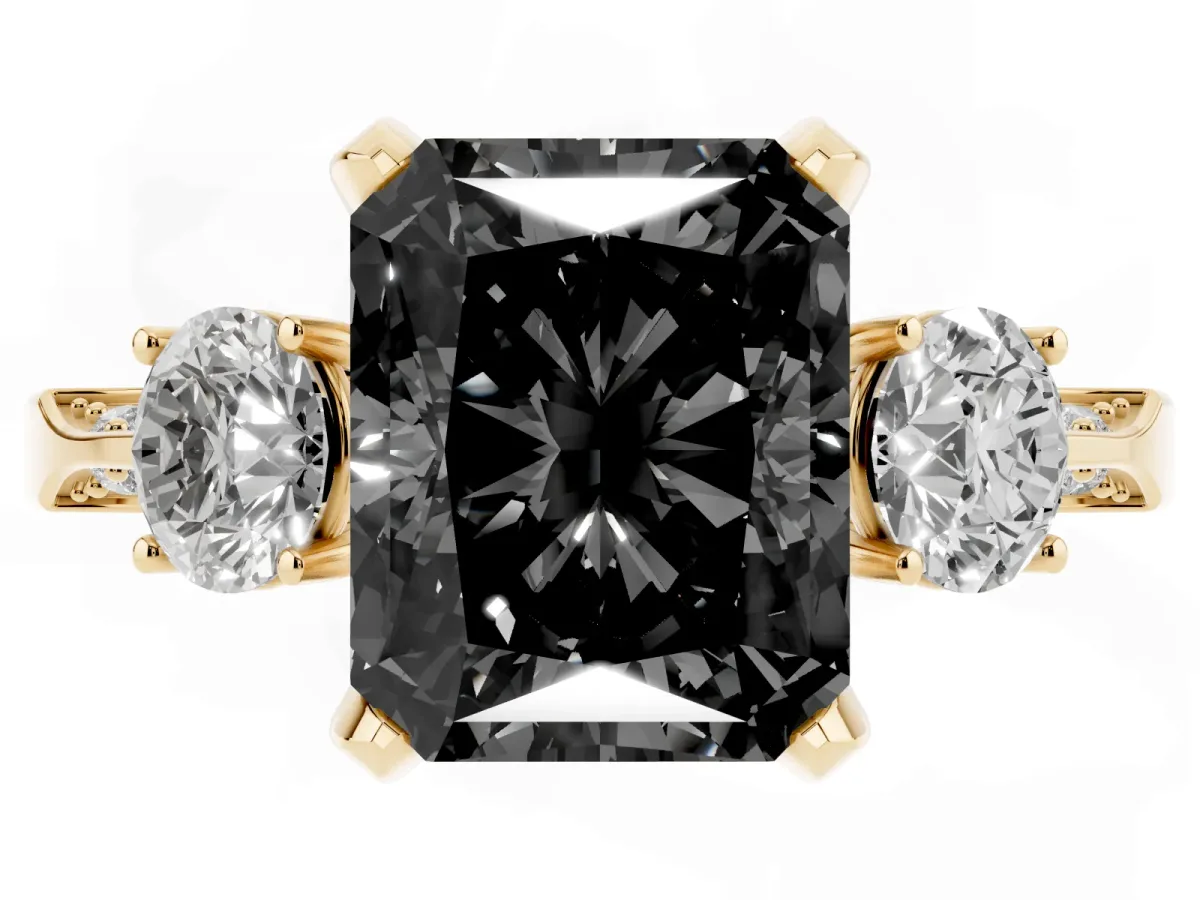 Fancy Black Radiant Cut Brilliant Three-Stone Diamond Ring with Pavé Band and Four-Prong Setting Yellow gold