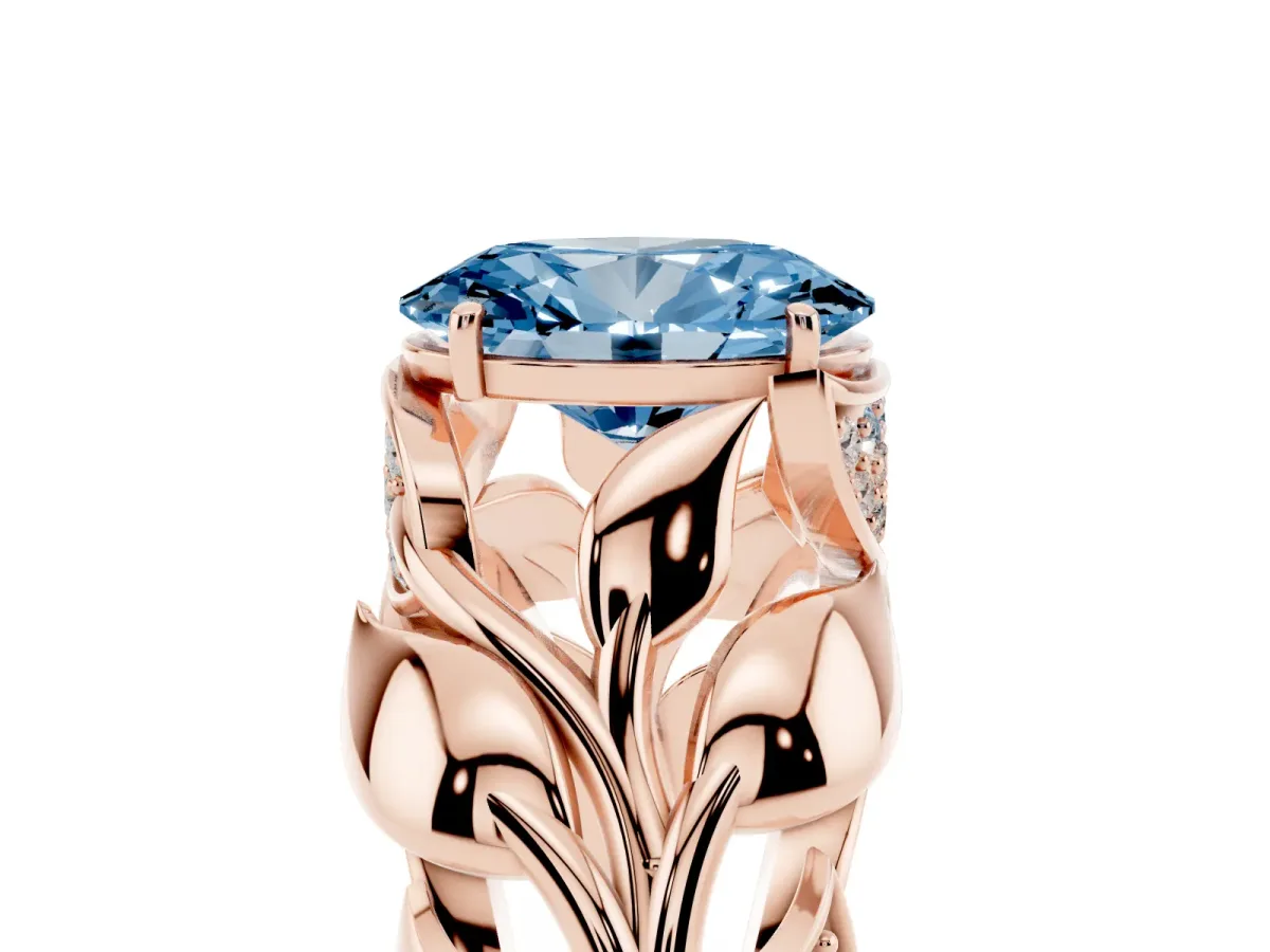 Fancy Blue Oval Cut Diamond Leaf-Inspired Engagement Ring with Round Accents and Prong Setting Rose gold