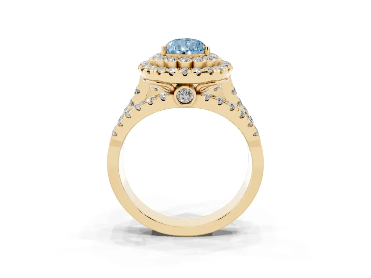 Fancy Blue Pear Cut Diamond Double Halo Ring with Round Pavé Split Shank and Prong Setting Yellow gold