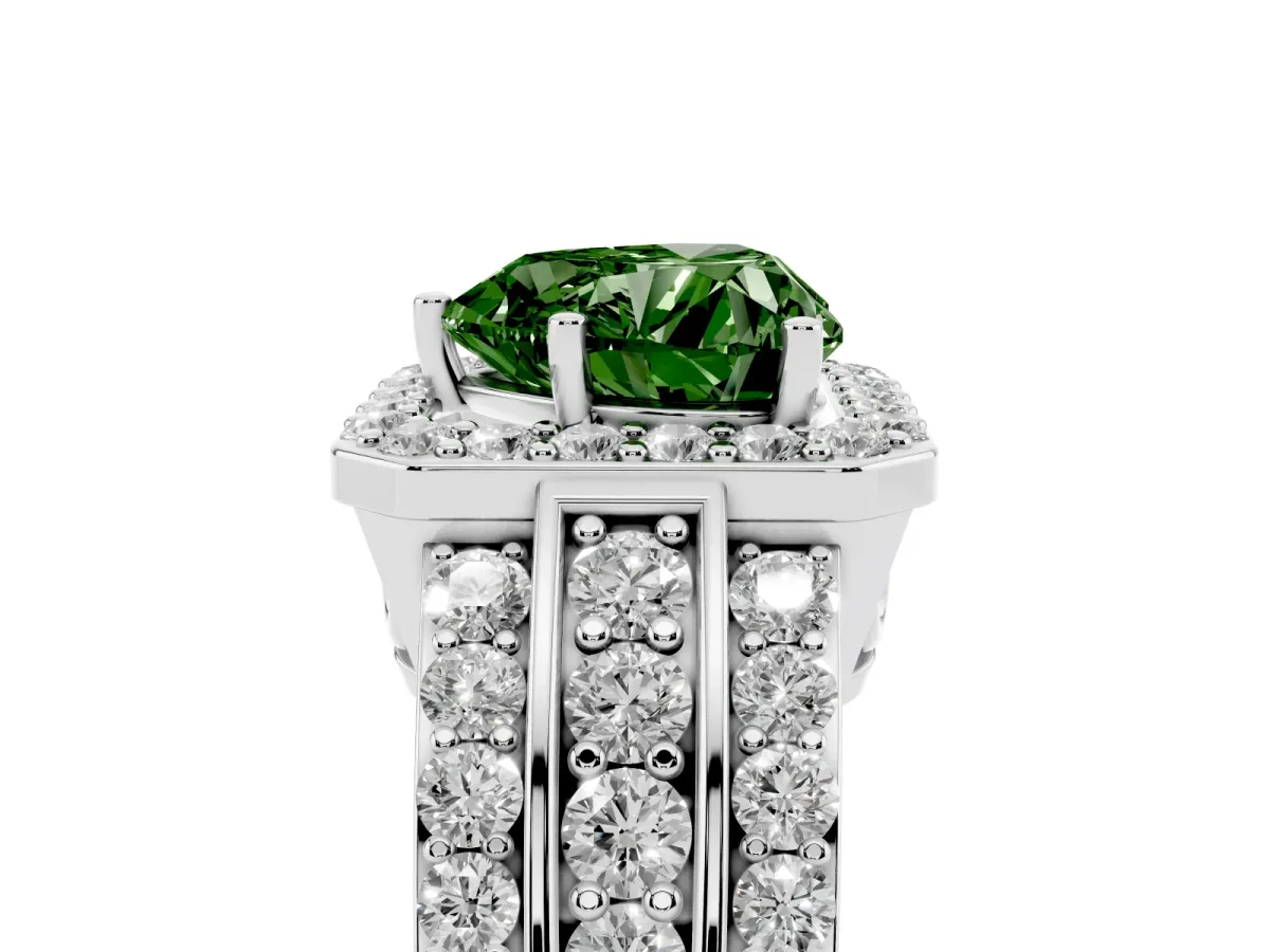 Fancy Green Heart Cut Halo Diamond Ring with Round Split Shank and Prong Setting Silver