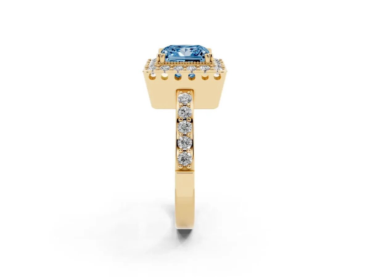 Fancy Blue Princess Cut Diamond Halo Ring with Pavé Band and Prong Setting Yellow gold