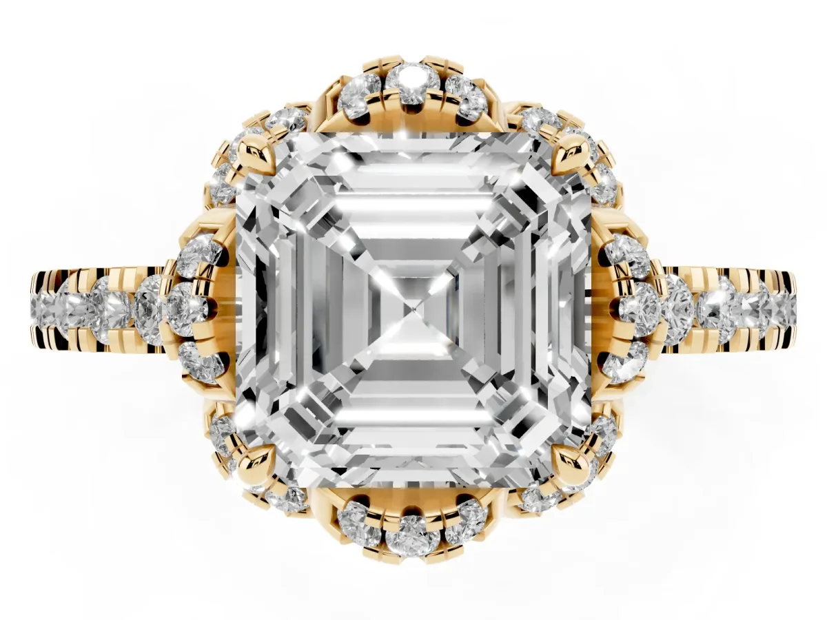 Asscher Cut Diamond Halo Pave Band with Four-Prong Setting Yellow gold
