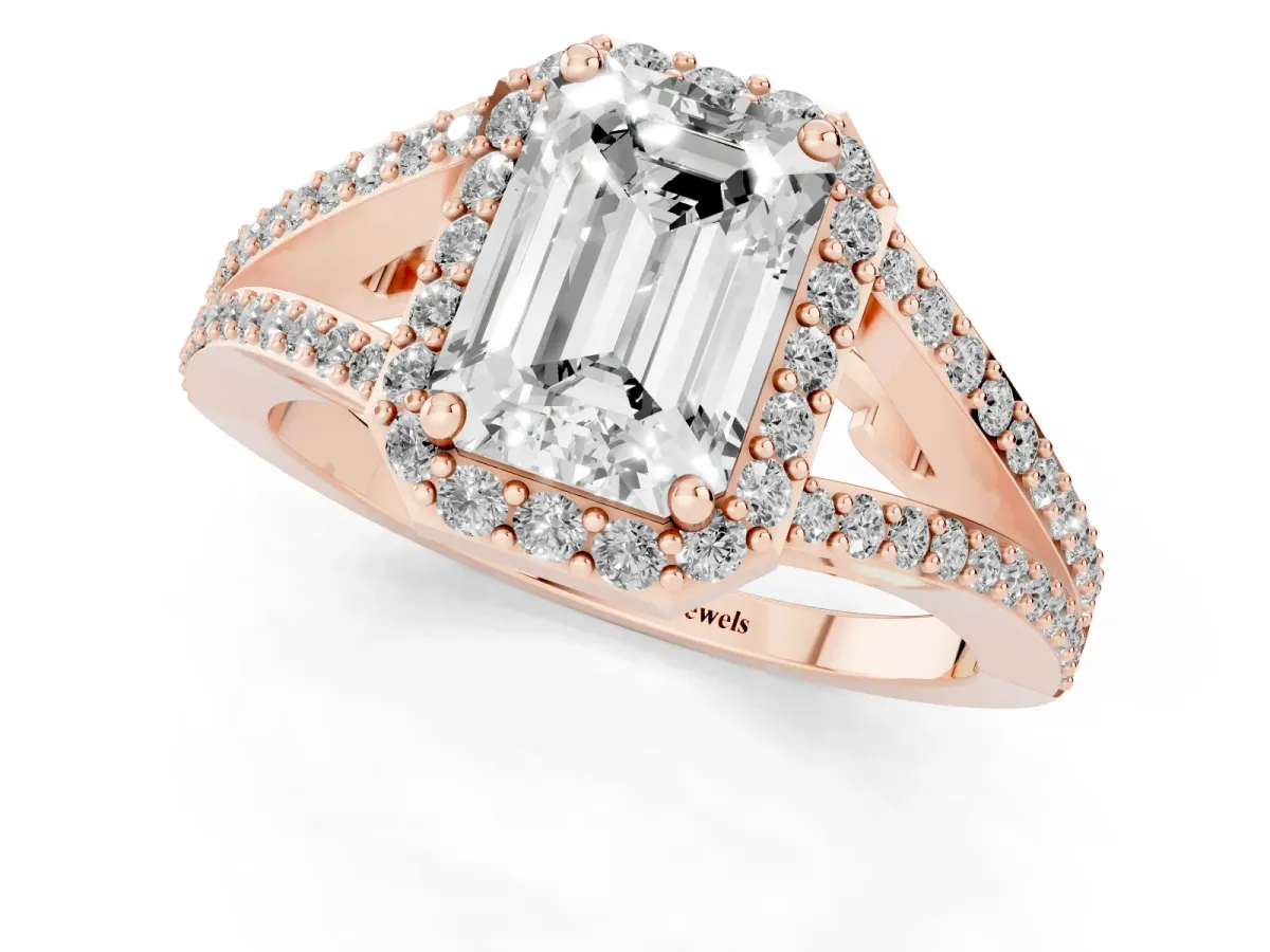Emerald Cut Halo Split Shank Diamond Ring with Prong Setting Rose gold