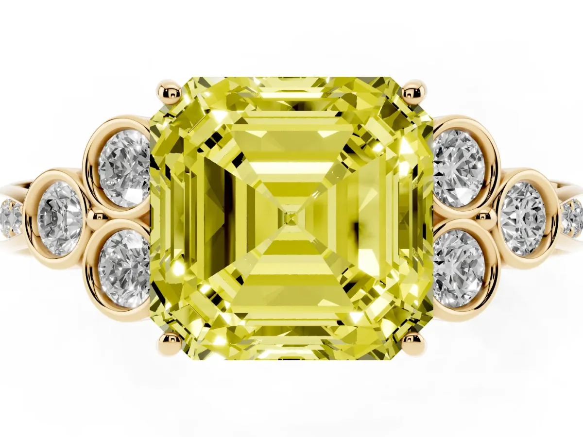 Fancy Yellow Asscher Cut Cut Diamond Engagement Ring with Bezel Set Round Side Stones and Prong Setting Yellow gold