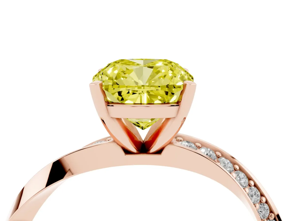 Fancy Yellow Cushion Cut Diamond Engagement Ring with Side Stone Accents and Four-Prong Setting Rose gold