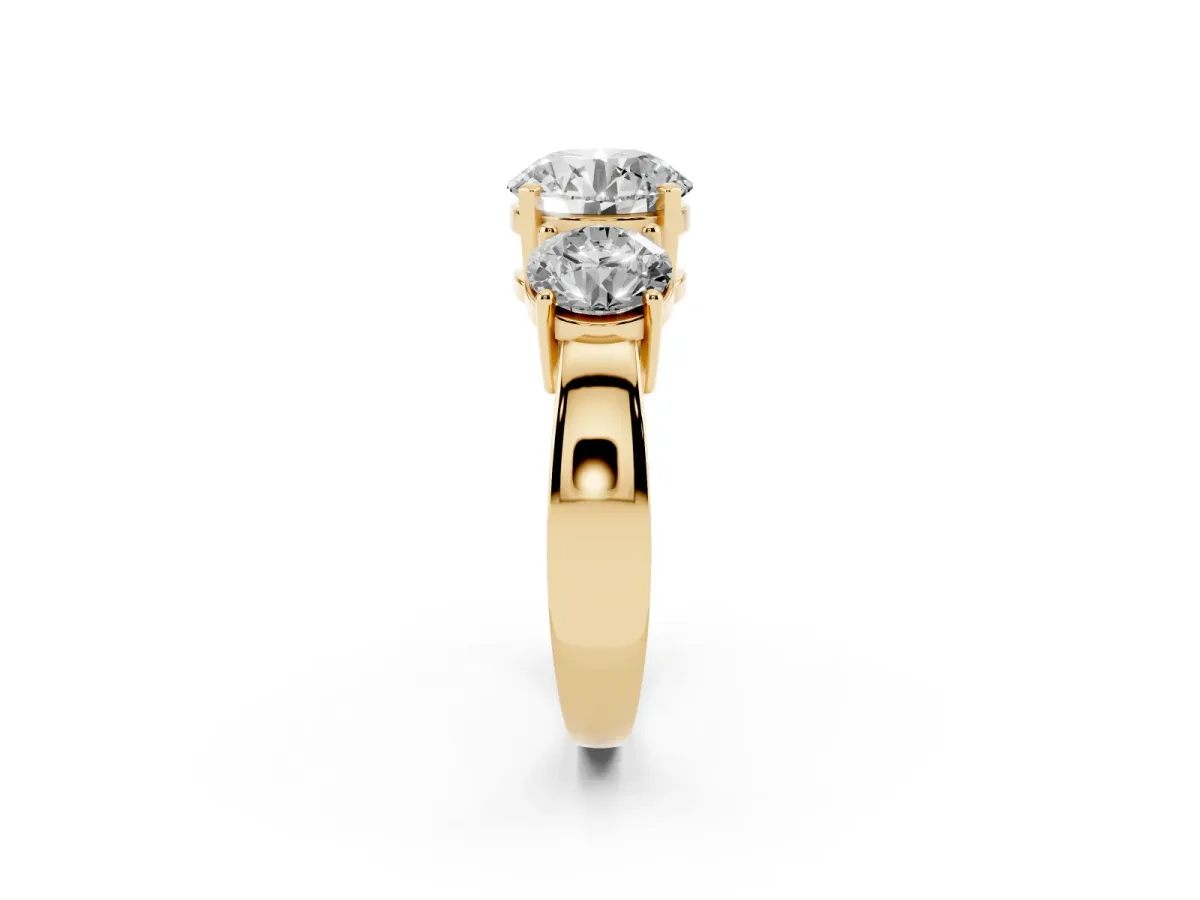 Three-Stone Round Cut Diamond Ring with Round Side Stones, Classic Band, and Four-Prong Setting Yellow gold