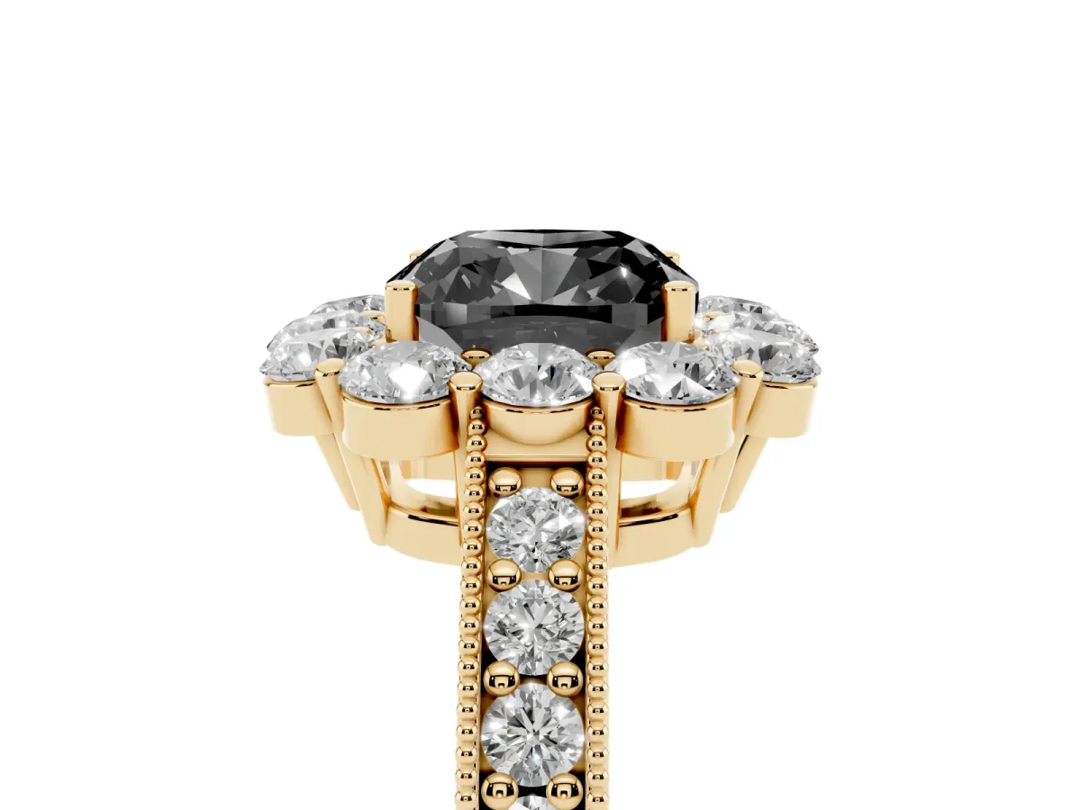 Fancy Black Cushion Cut Cut Halo Diamond Pavé Engagement Ring with Milgrain Detailing Yellow gold