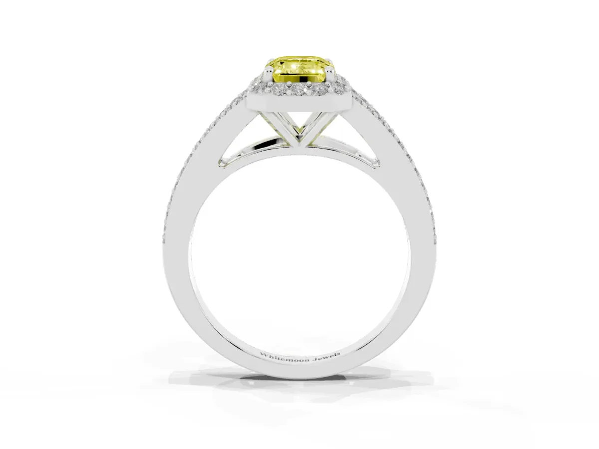Fancy Yellow Emerald Cut Halo Split Shank Pave Diamond Ring with Four-Prong Setting Platinum