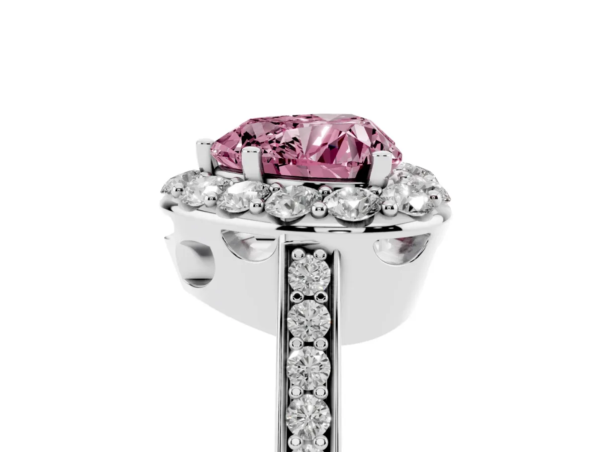 Fancy Pink Heart Cut Diamond Floral Halo Ring with Pavé Band and Prong Setting White gold
