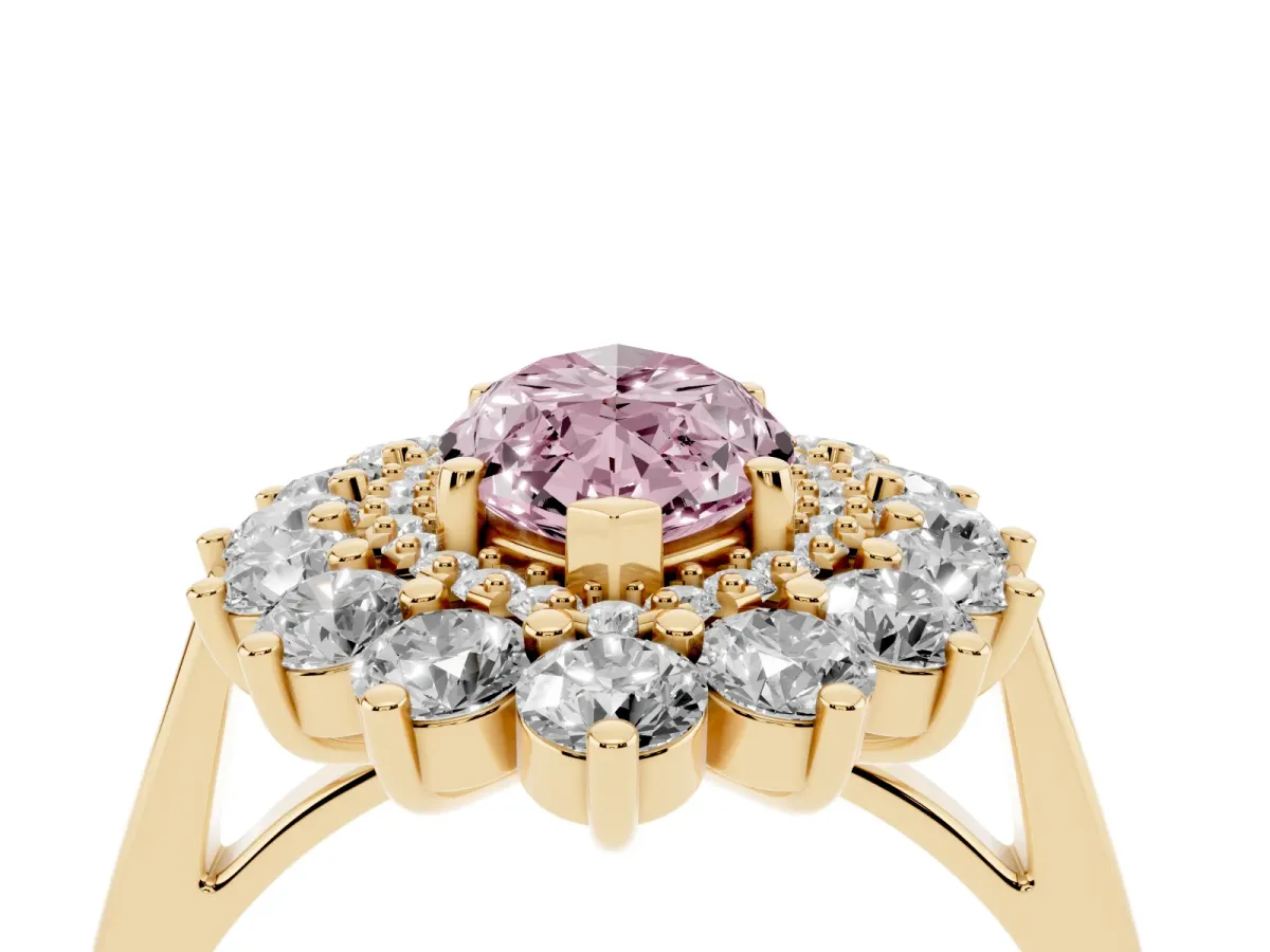 Fancy Pink Marquise Cut Diamond Floral Double Halo Engagement Ring with Prong Setting Yellow gold